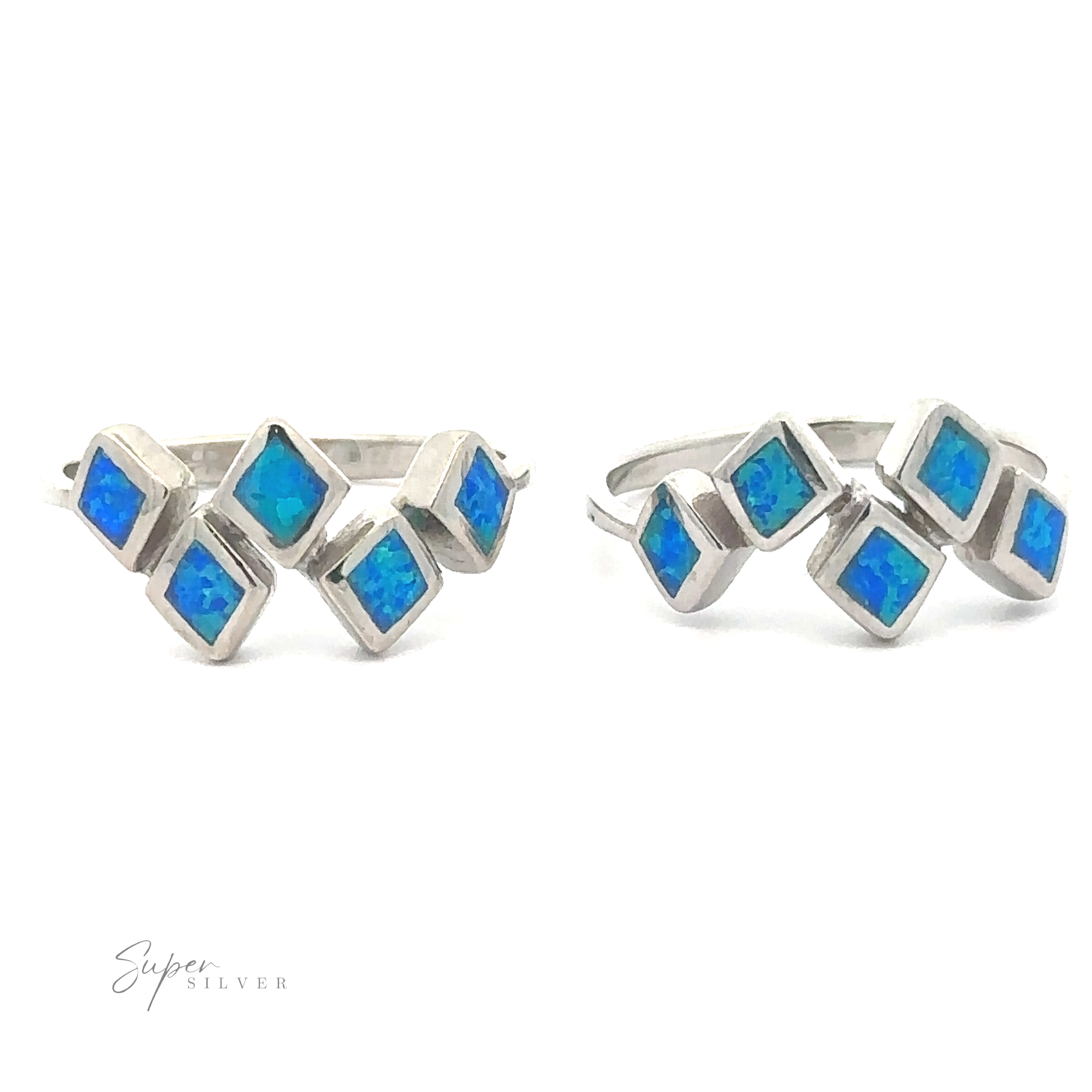 Two sterling silver rings with diamond pattern lab-created opal stones, displayed against a white background.