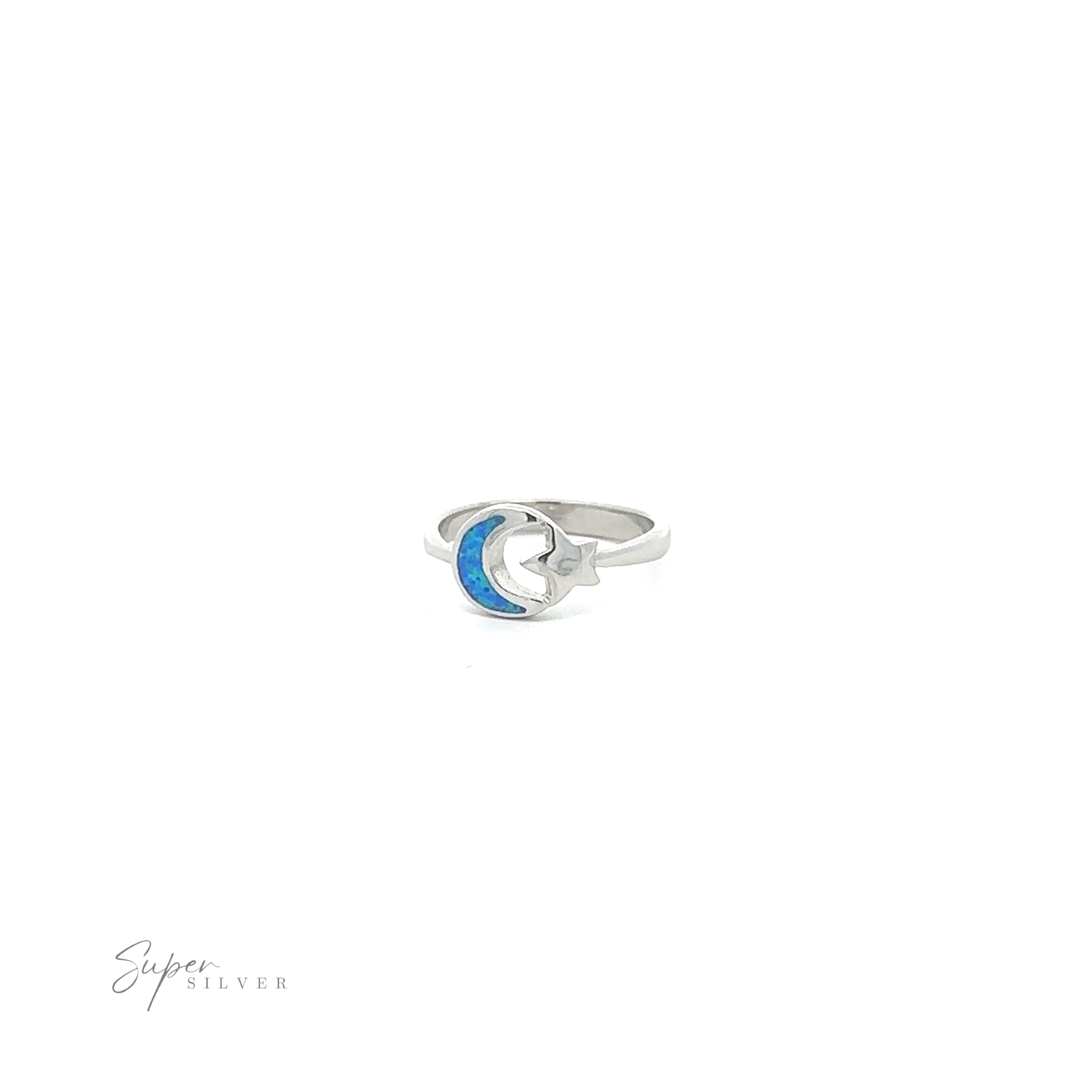 Moon and Star Ring with Lab-Created Opal featuring a crescent moon and star design displayed against a white background with "super silver" signature at the bottom.