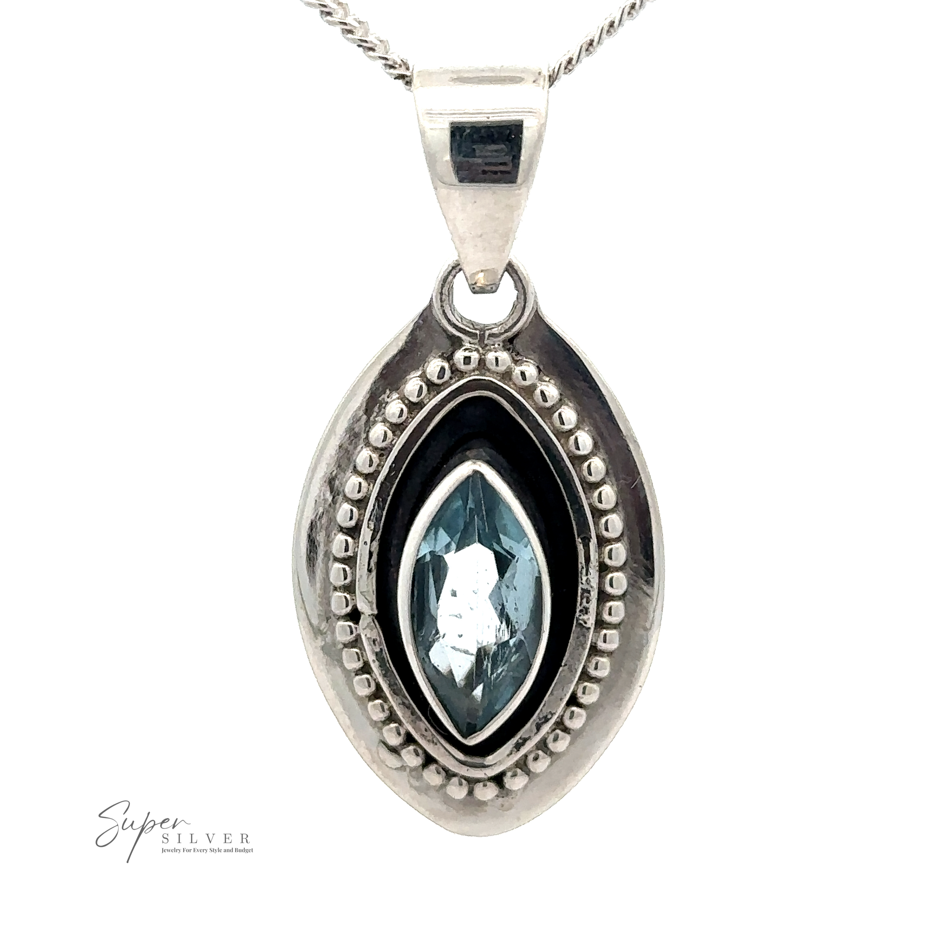 A Beautiful Marquise Pendant With Beaded Design, featuring a central blue topaz gemstone. The outer edge is adorned with small, round silver beads.