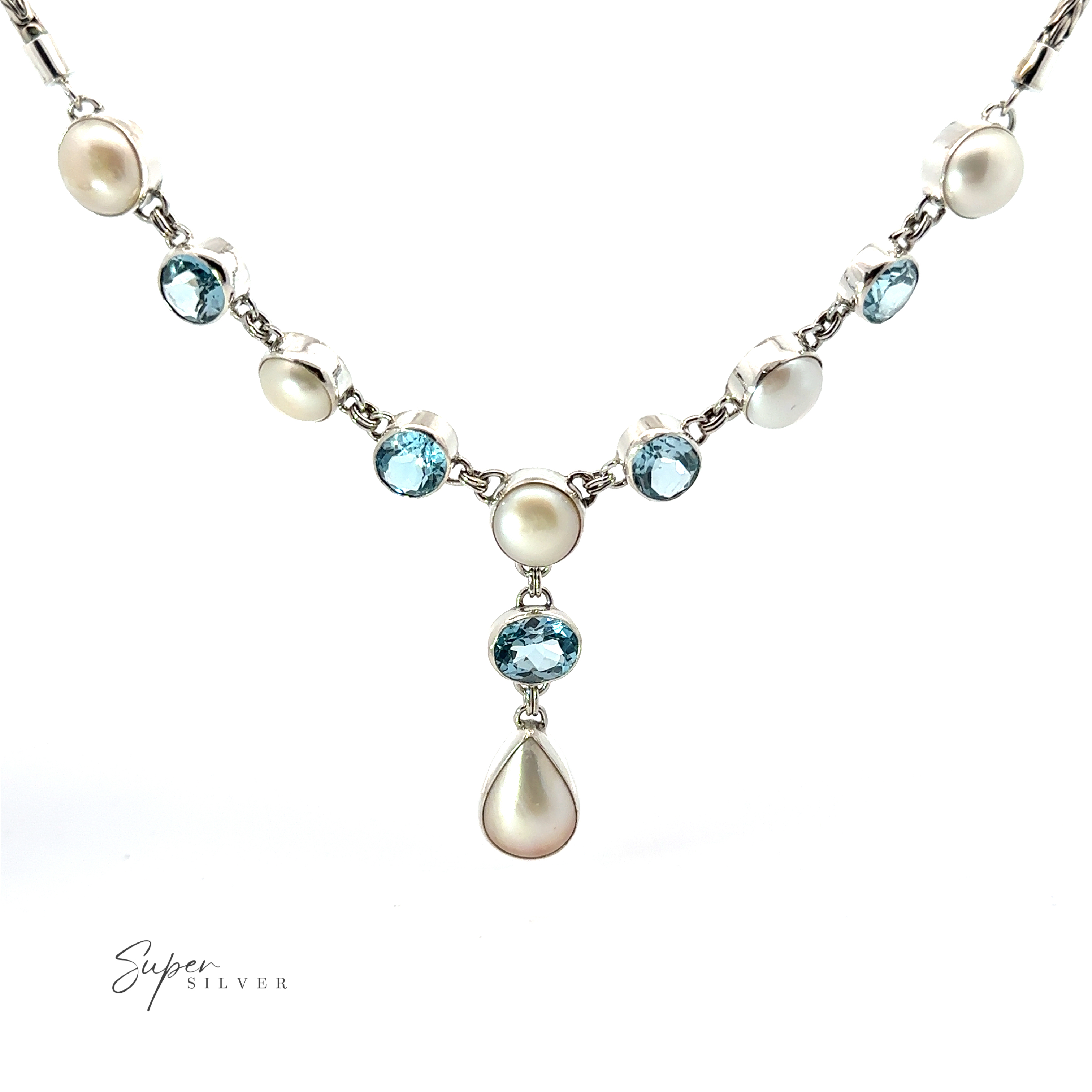 A Stunning Pearl and Gemstone Statement Necklace featuring alternating round blue gemstones and pearls, with a teardrop-shaped pearl pendant in the center. Crafted in Sterling Silver, it proudly displays "Super Silver" in the lower left corner.