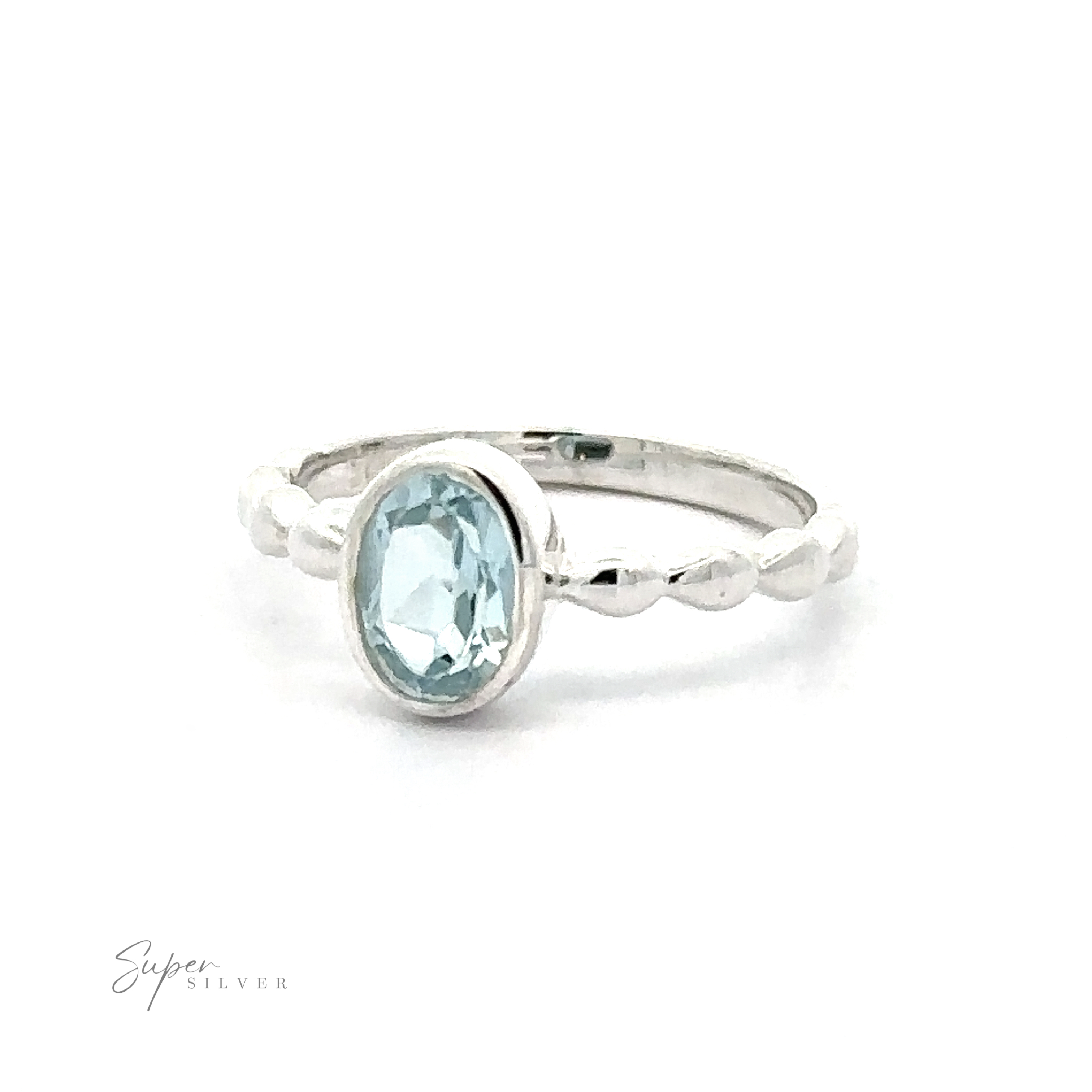 Oval Gemstone Ring with Beaded Band displayed against a white background.
