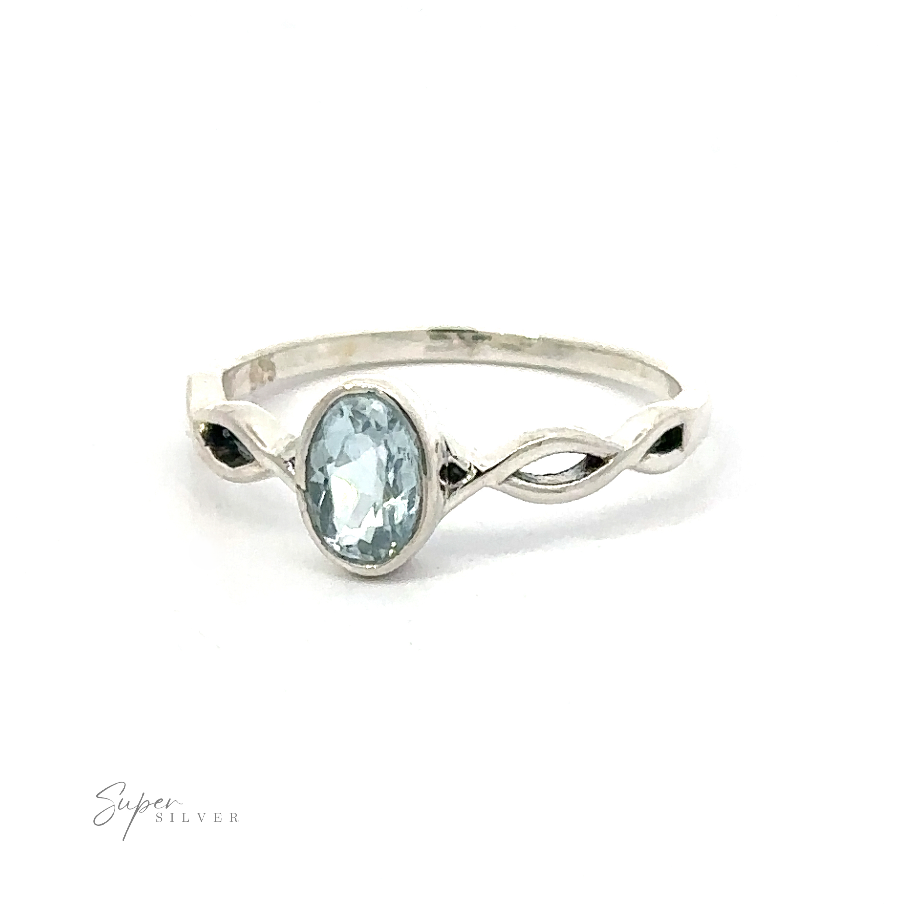 Dainty Oval Gemstone Ring with Twisted Band displayed on a white background.