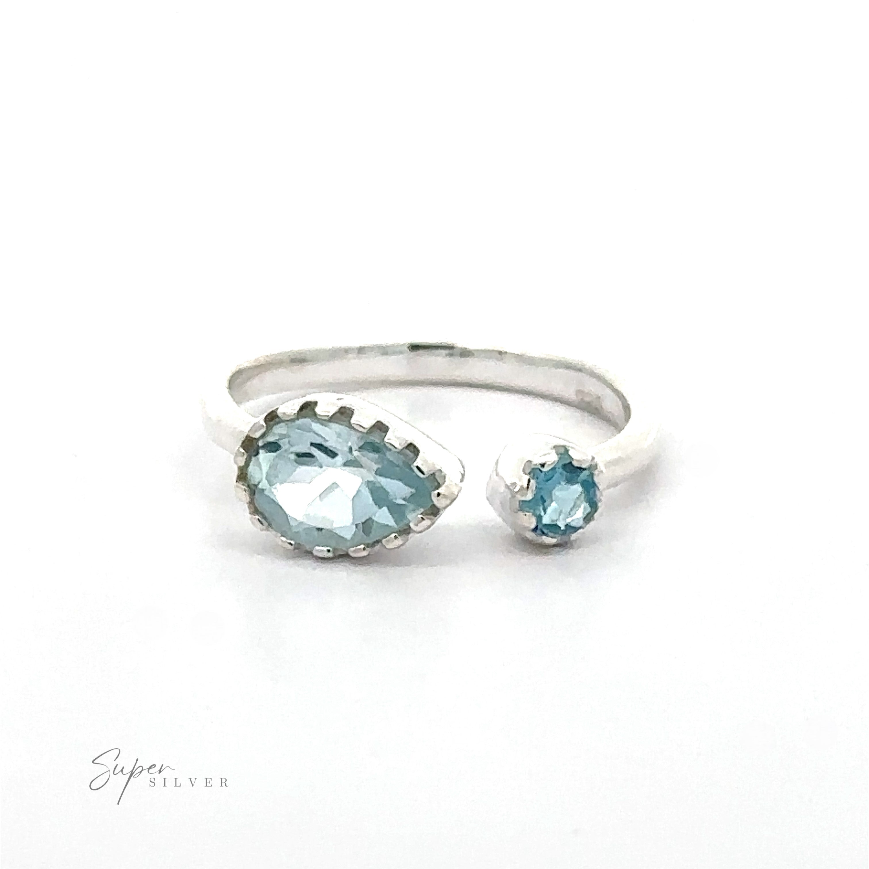 Dainty Adjustable Gemstone Ring with Two Stones featuring a large teardrop and a small round aquamarine gemstone, set against a white background.