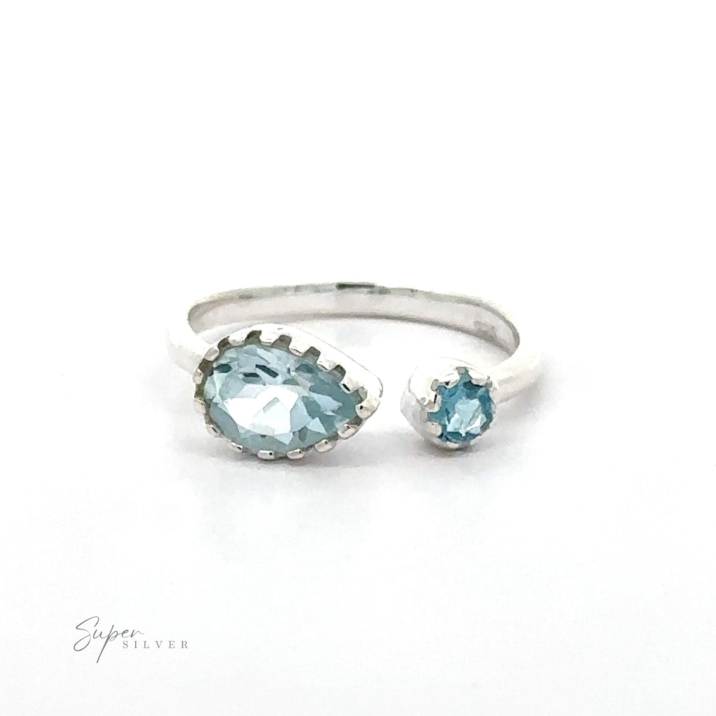 
                  
                    Dainty Adjustable Gemstone Ring with Two Stones featuring a large teardrop and a small round aquamarine gemstone, set against a white background.
                  
                