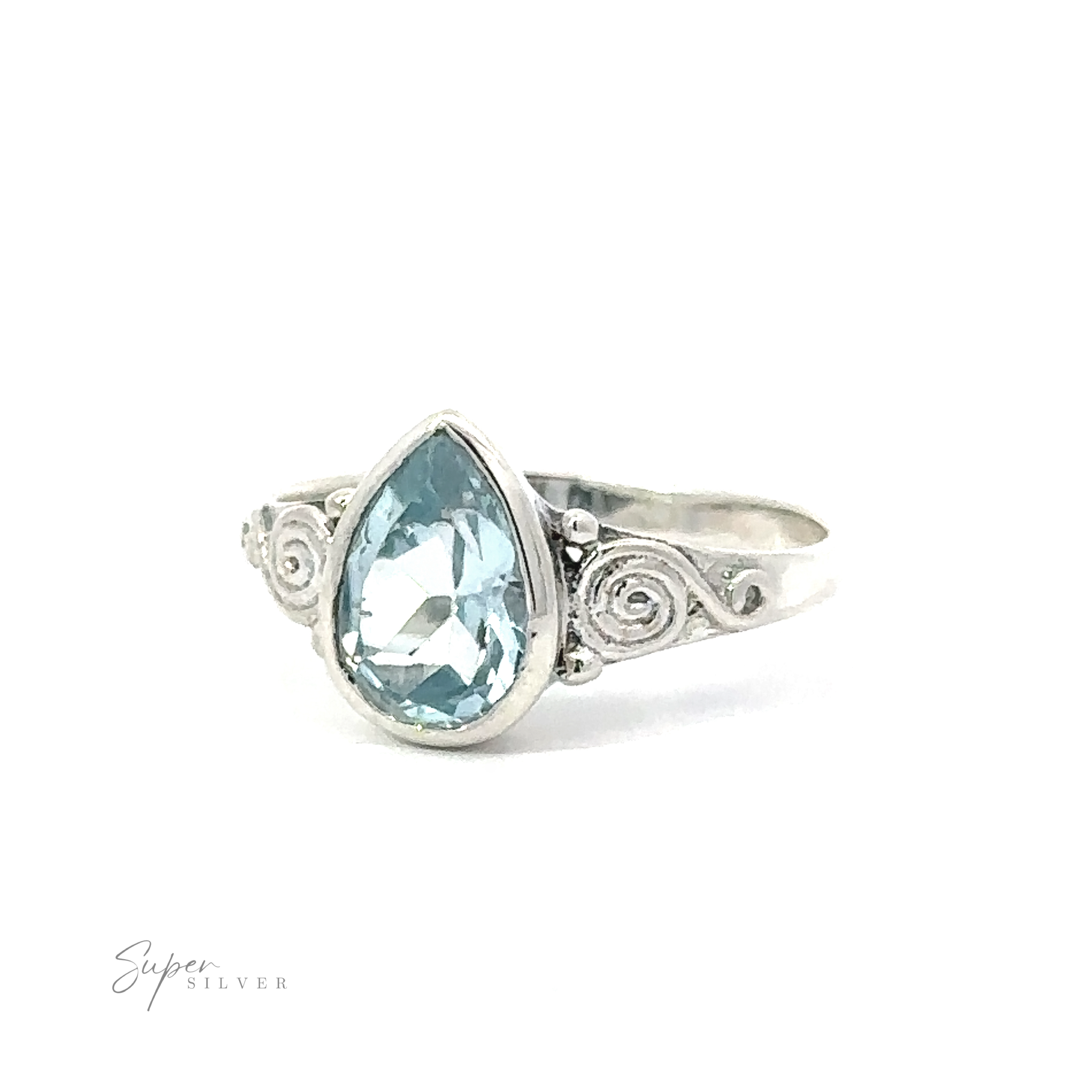 Teardrop Gemstone Ring With Swirls displayed against a white background. crafted from .925 Sterling Silver. This Teardrop Gem