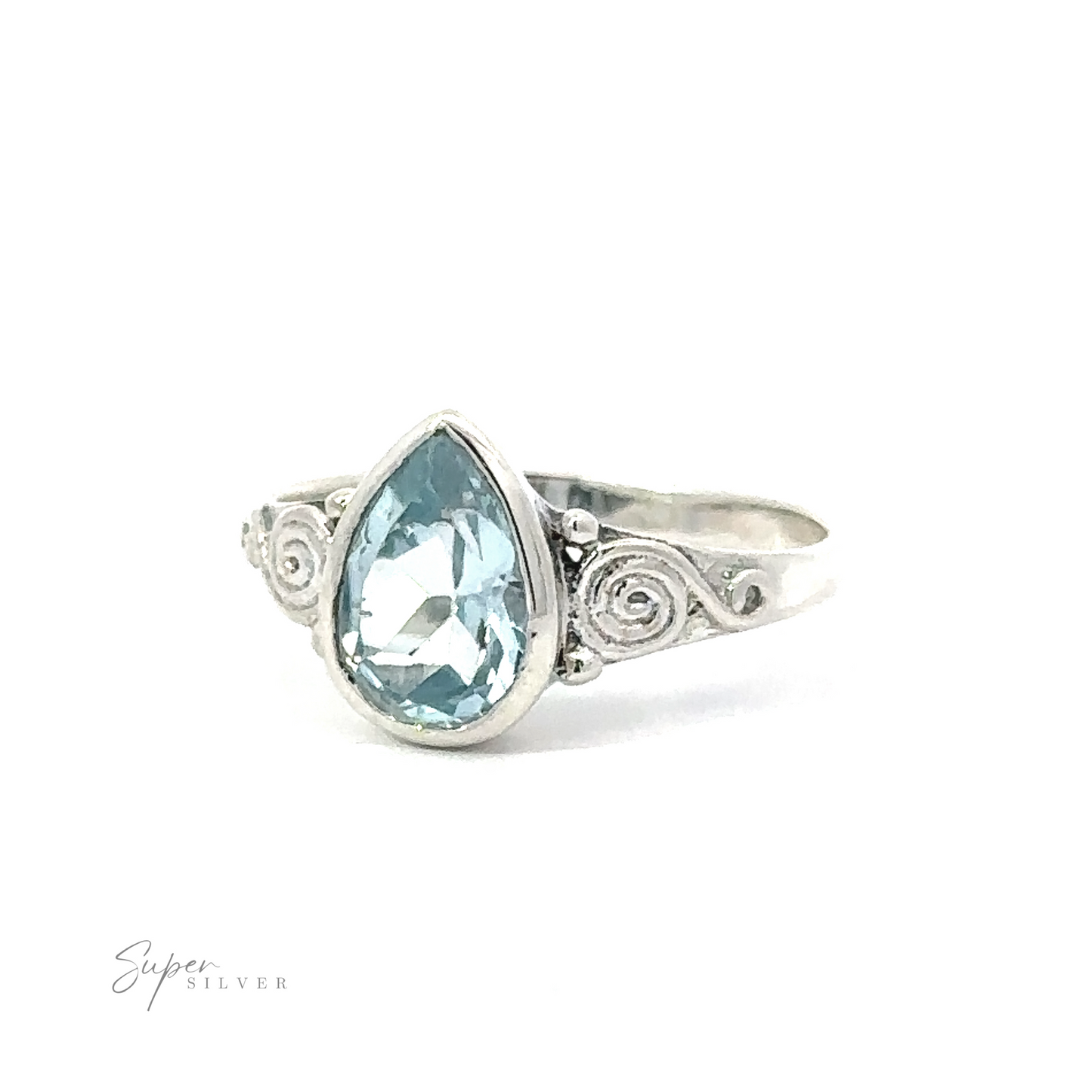 
                  
                    Teardrop Gemstone Ring With Swirls displayed against a white background. crafted from .925 Sterling Silver. This Teardrop Gem
                  
                