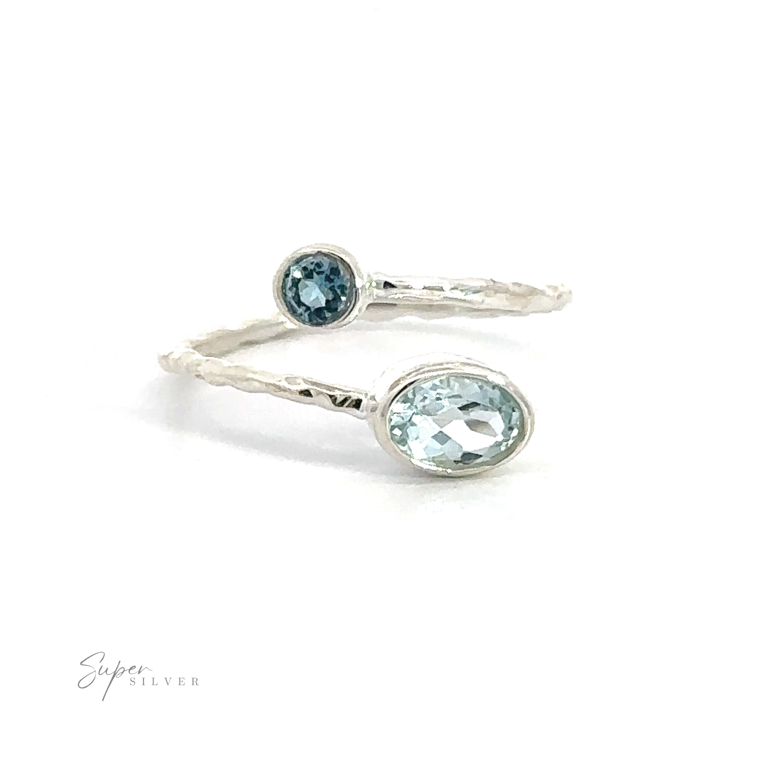 A pair of Textured Adjustable Bands with Adorned Blue Gemstones on a white background.