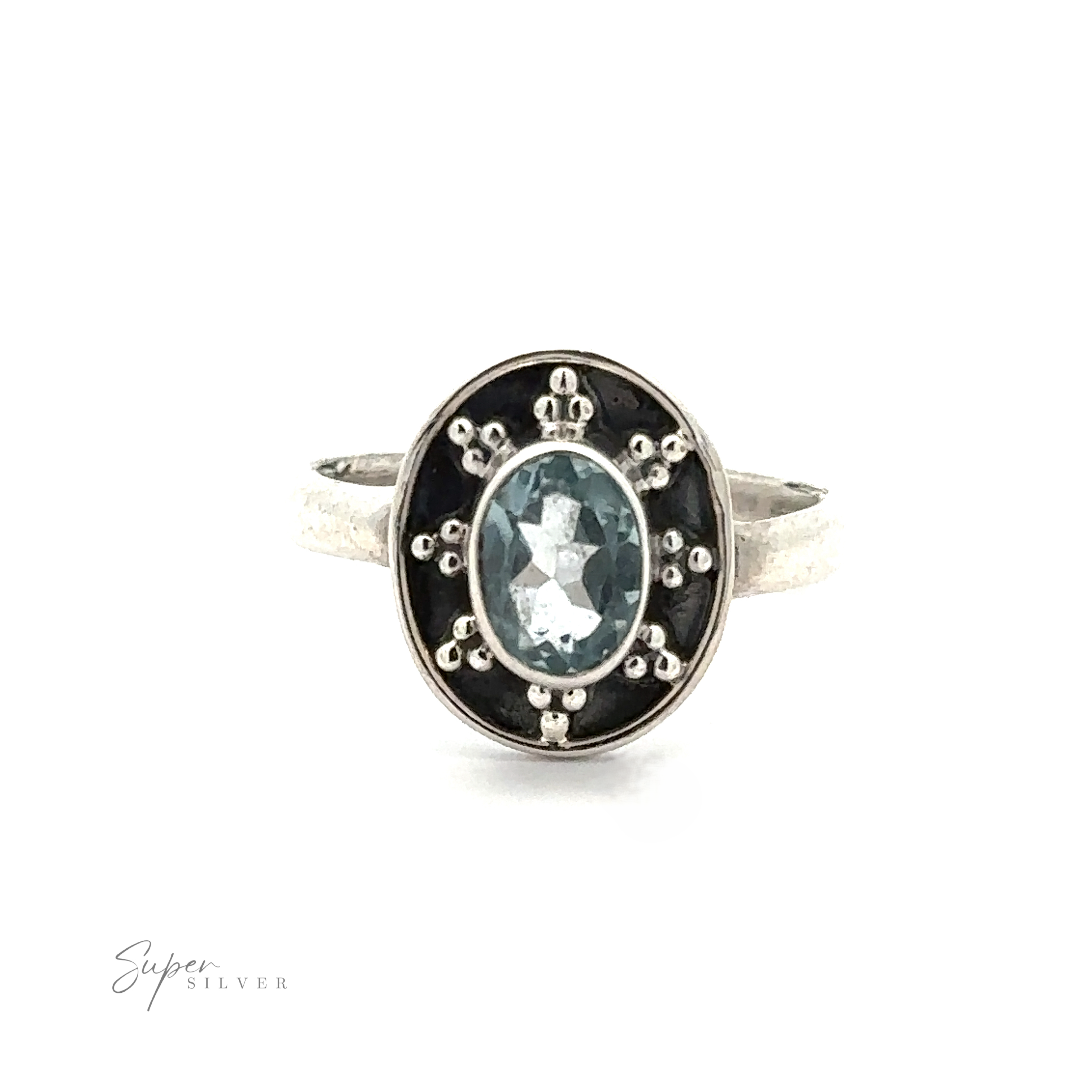 A sterling silver ring featuring an Oval Gemstone Ring with Ball and Disk Border, perfect for those who appreciate vintage-inspired jewelry.