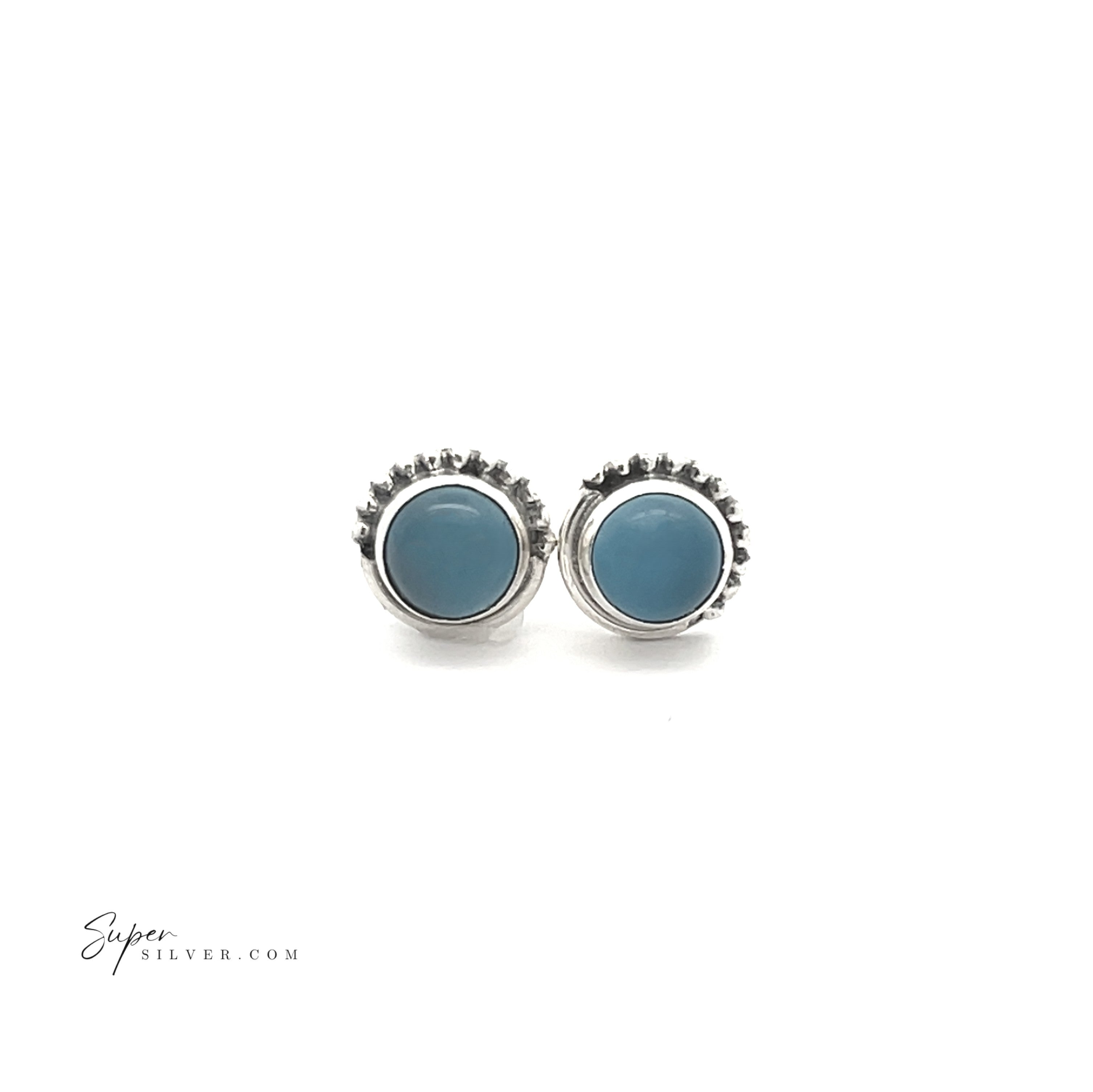 5mm Gemstone Studs With Half Bead Design featuring round blue bezel-set stones and beaded edges in sterling silver, shown on a white background.