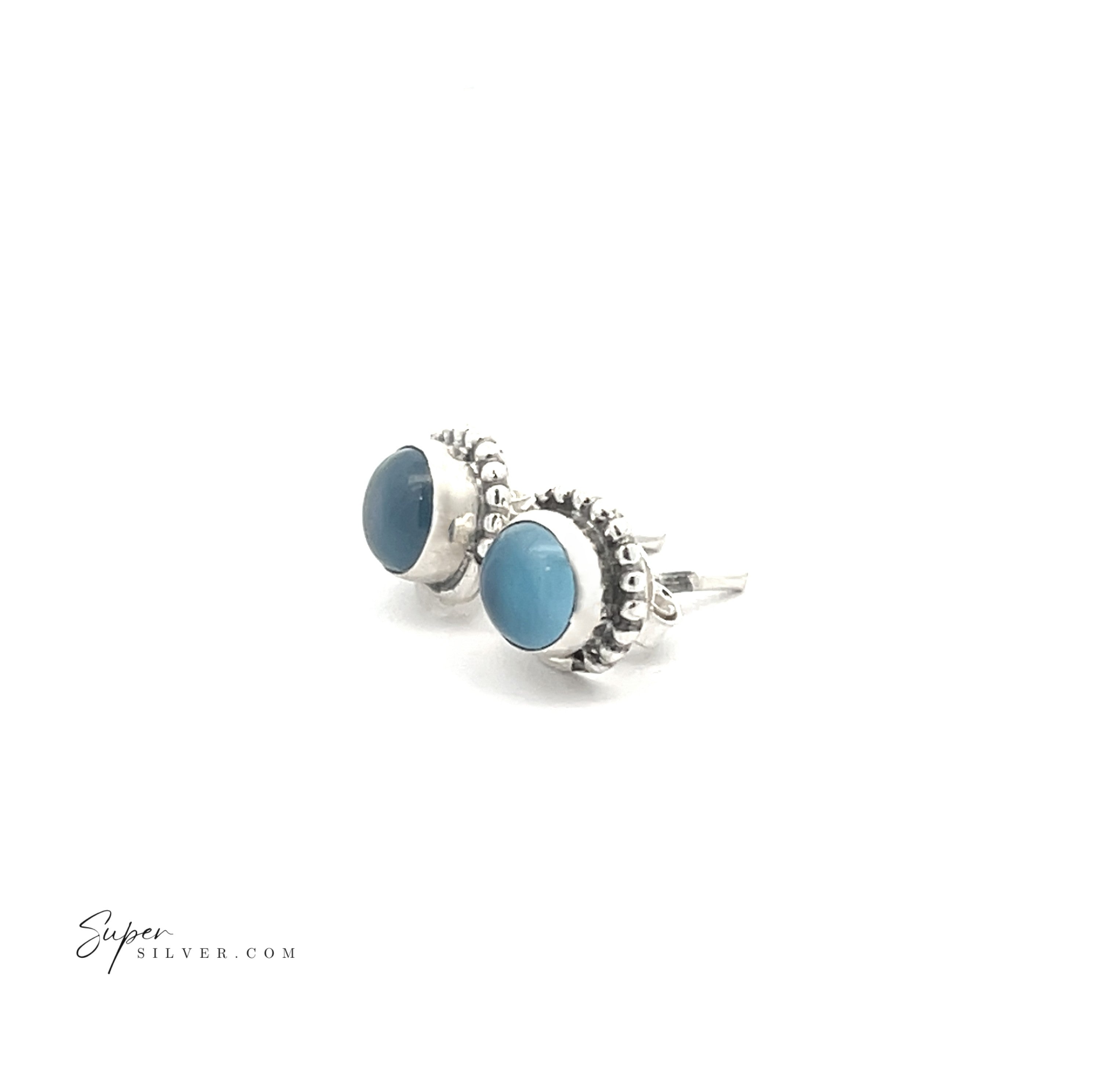 5mm Gemstone Studs With Half Bead Design: sterling silver stud earrings featuring round blue stones in decorative bezels, displayed on a white background.