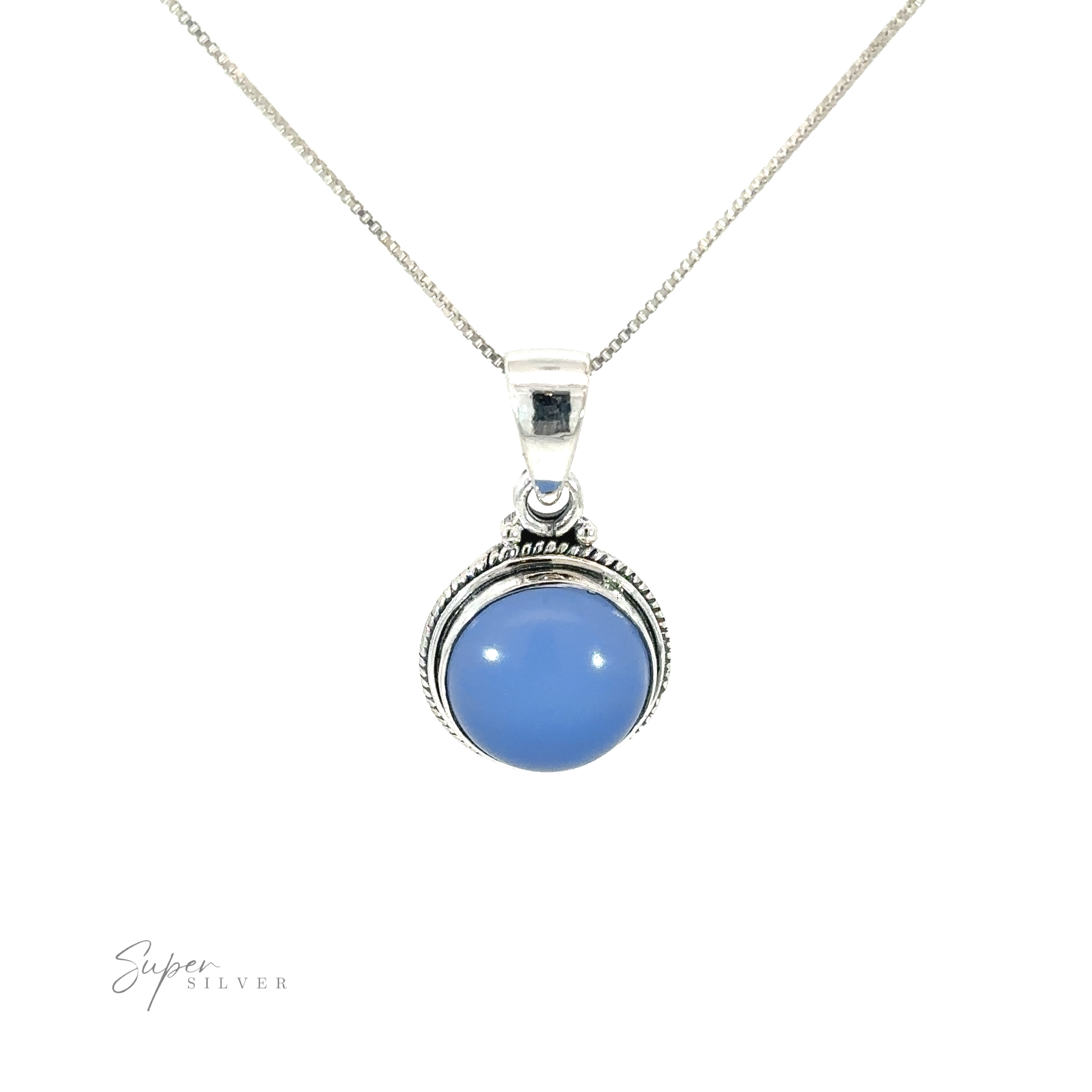 A Round Stone Pendant with Rope Border on a silver chain.