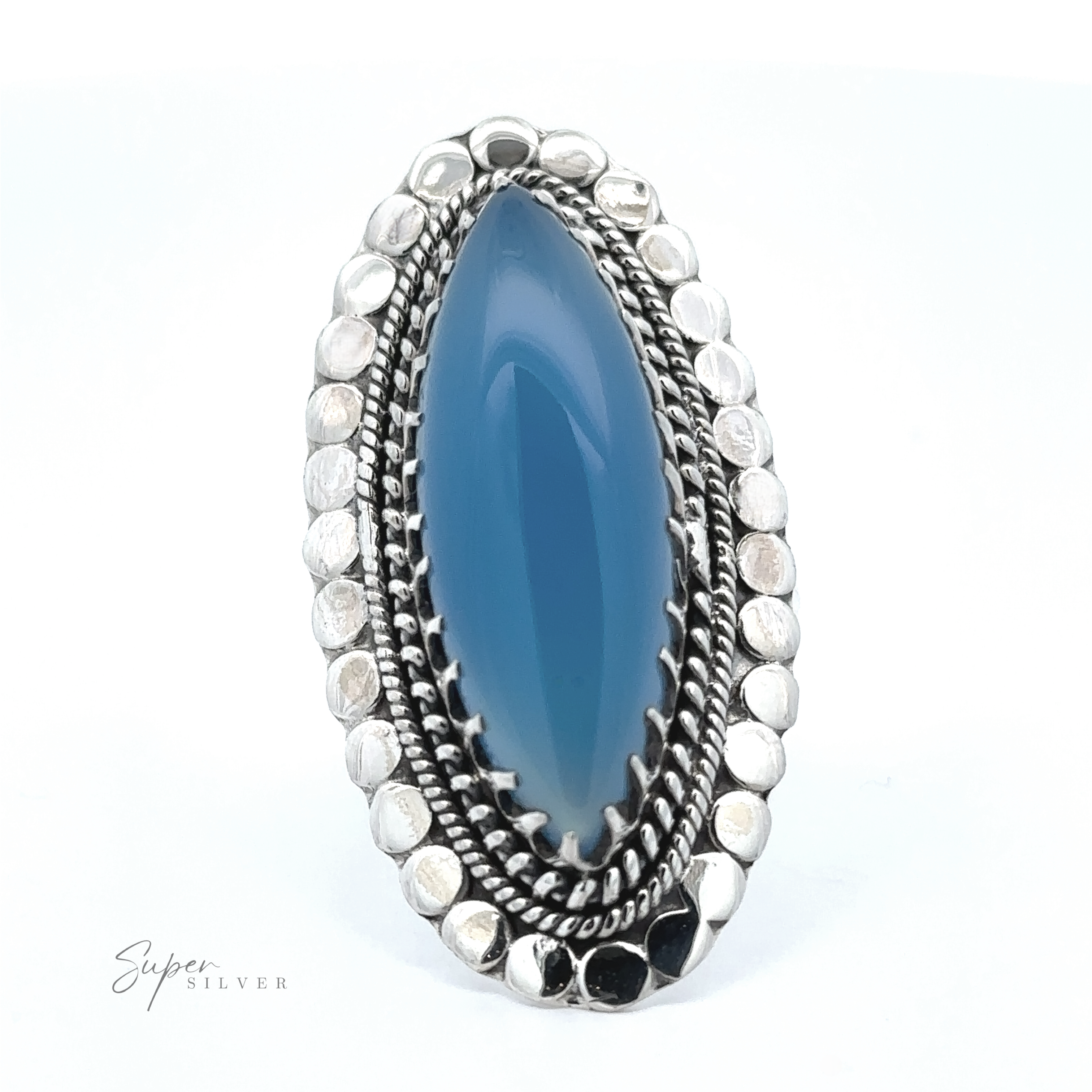 A **Statement Marquise Shaped Gemstone Ring** with a marquise-shaped blue gemstone set in the center, surrounded by intricate silver detailing, offering a touch of bohemian jewelry elegance.
