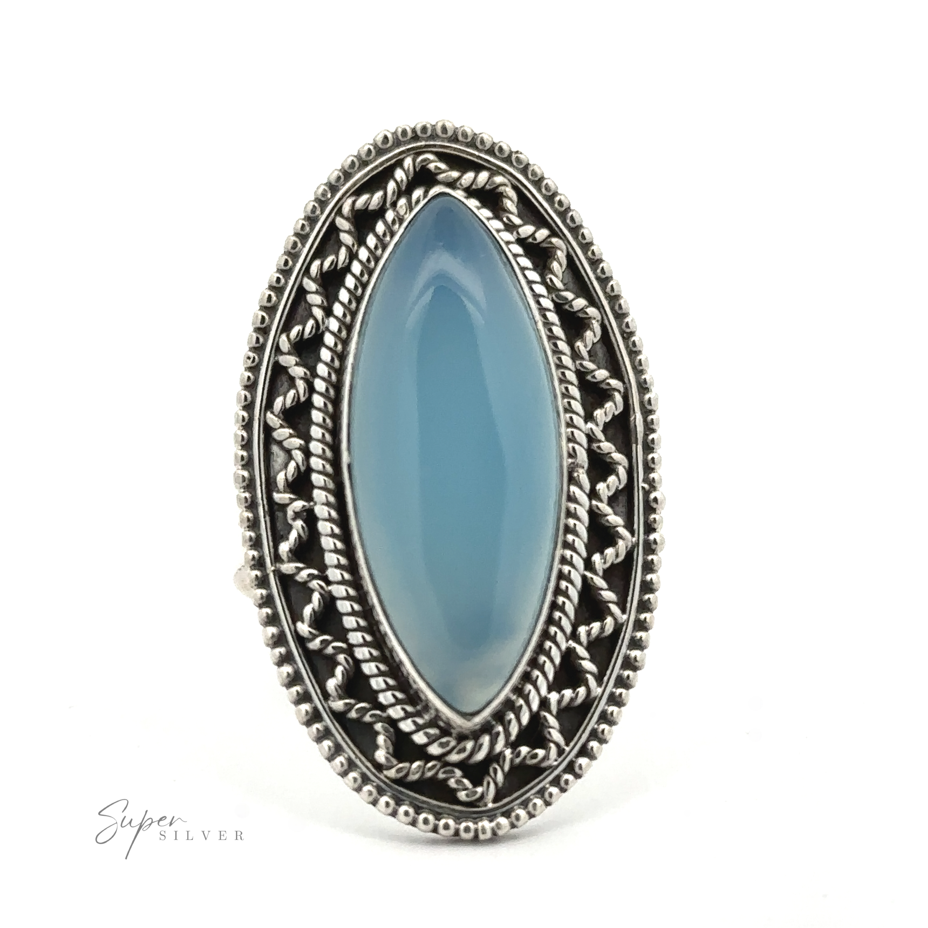 An oval-shaped blue gemstone ring with an intricate silver setting and detailed metalwork on the band, displayed against a white background. The marquise shaped gemstone ring with vintage shield border craftsmanship adds a bohemian twist. Text "Super Silver" in the bottom left corner.