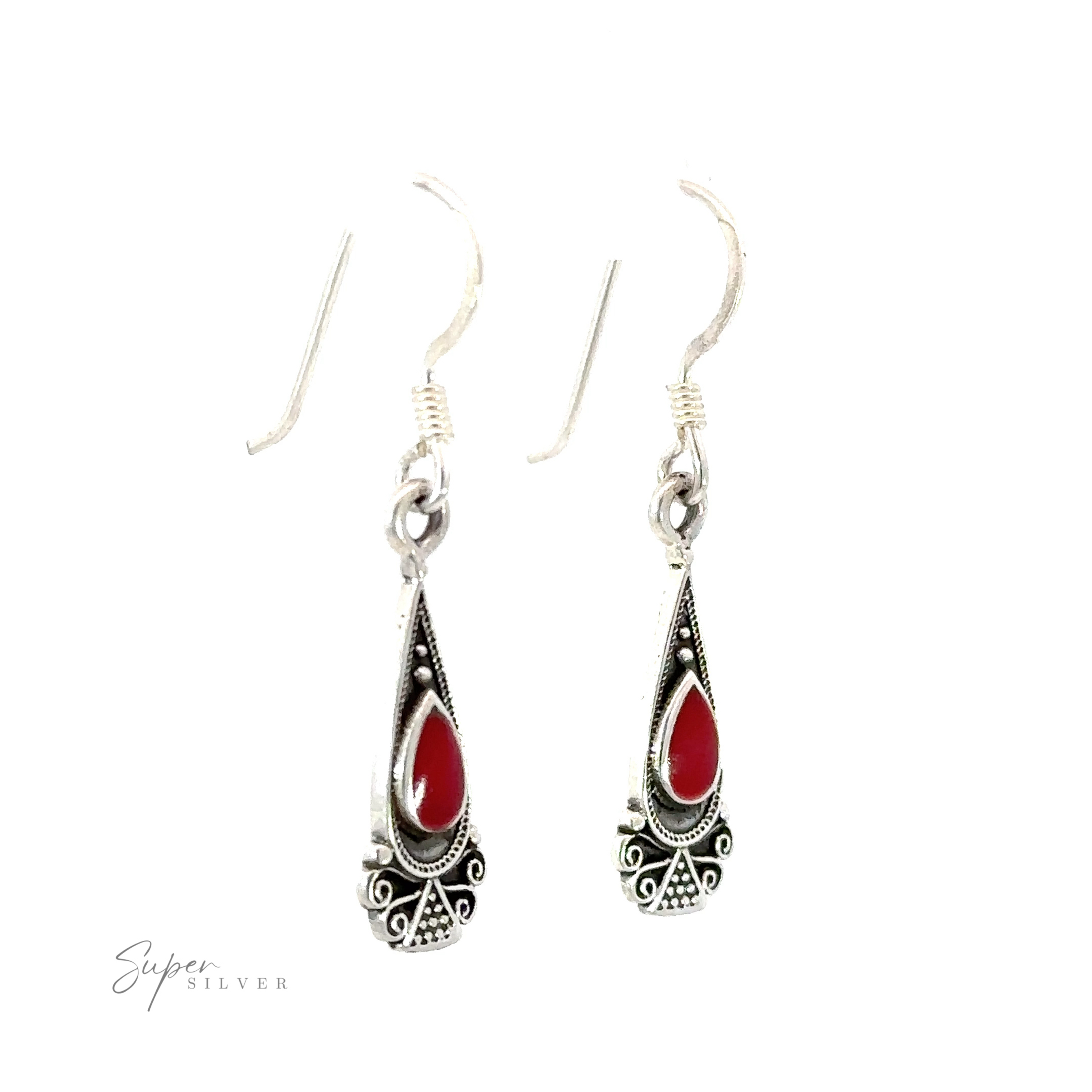 Bali Inspired teardrop shaped earrings with inlay red stones.