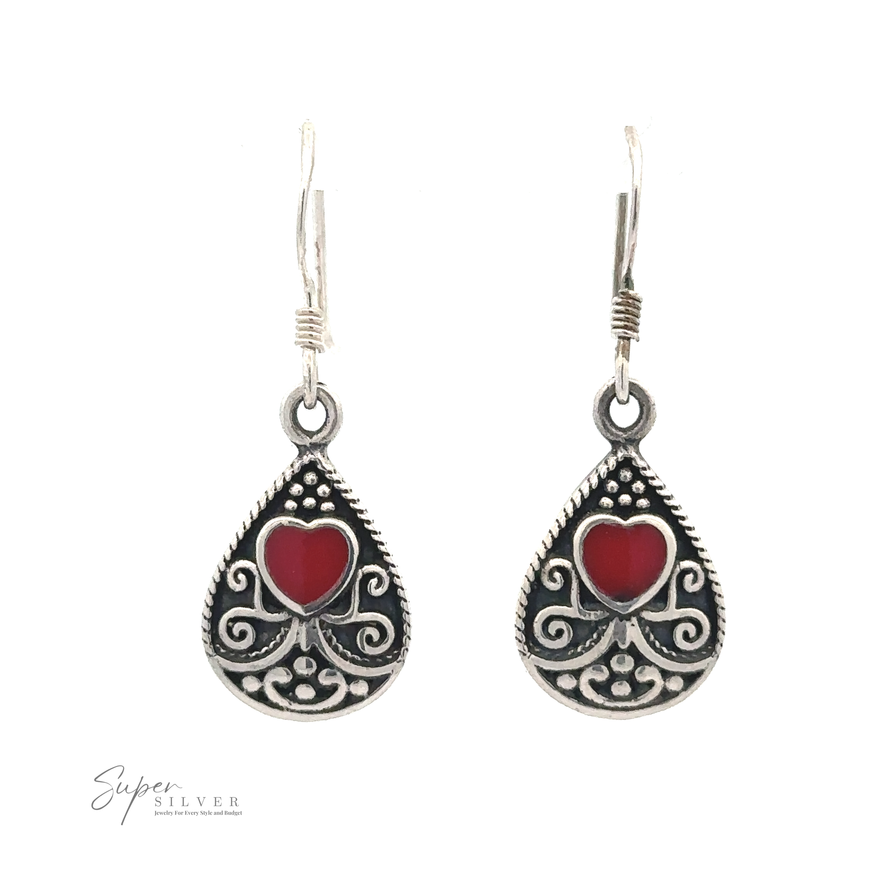 Bali Style Teardrop Earrings with Inlaid Stone, featuring intricate black detailing and red heart-shaped centers, crafted from sterling silver. These exquisite pieces are shown on a white background. Adjacent text reads "Super Silver".