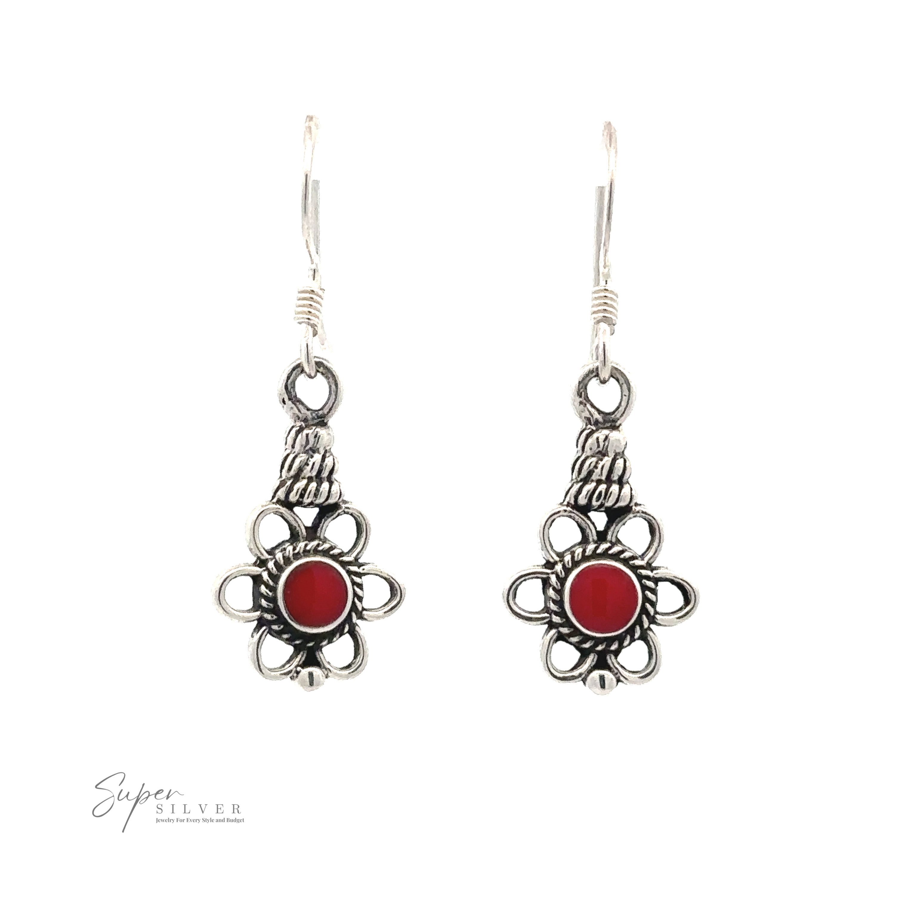 Flower Design Earrings With a Round Stone with an intricate floral design, featuring a small red gemstone at the center of each earring. The "Super Silver" logo is visible at the bottom left corner.