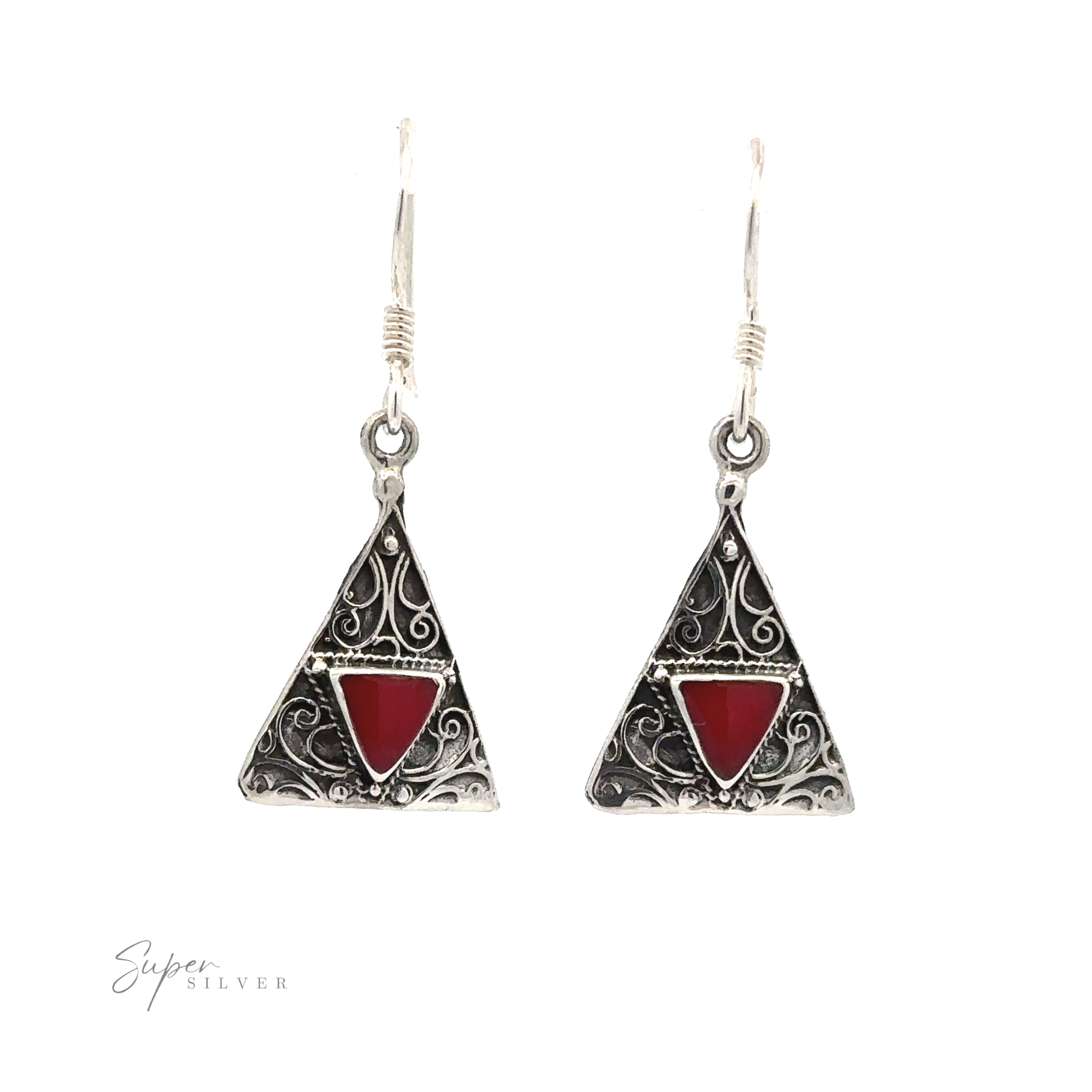 A pair of Freestyle Design Triangle Shape Inlaid Earrings with intricate swirls and red coral stone inlays, set against a white background. The text "Super Silver" is visible in the bottom left corner.