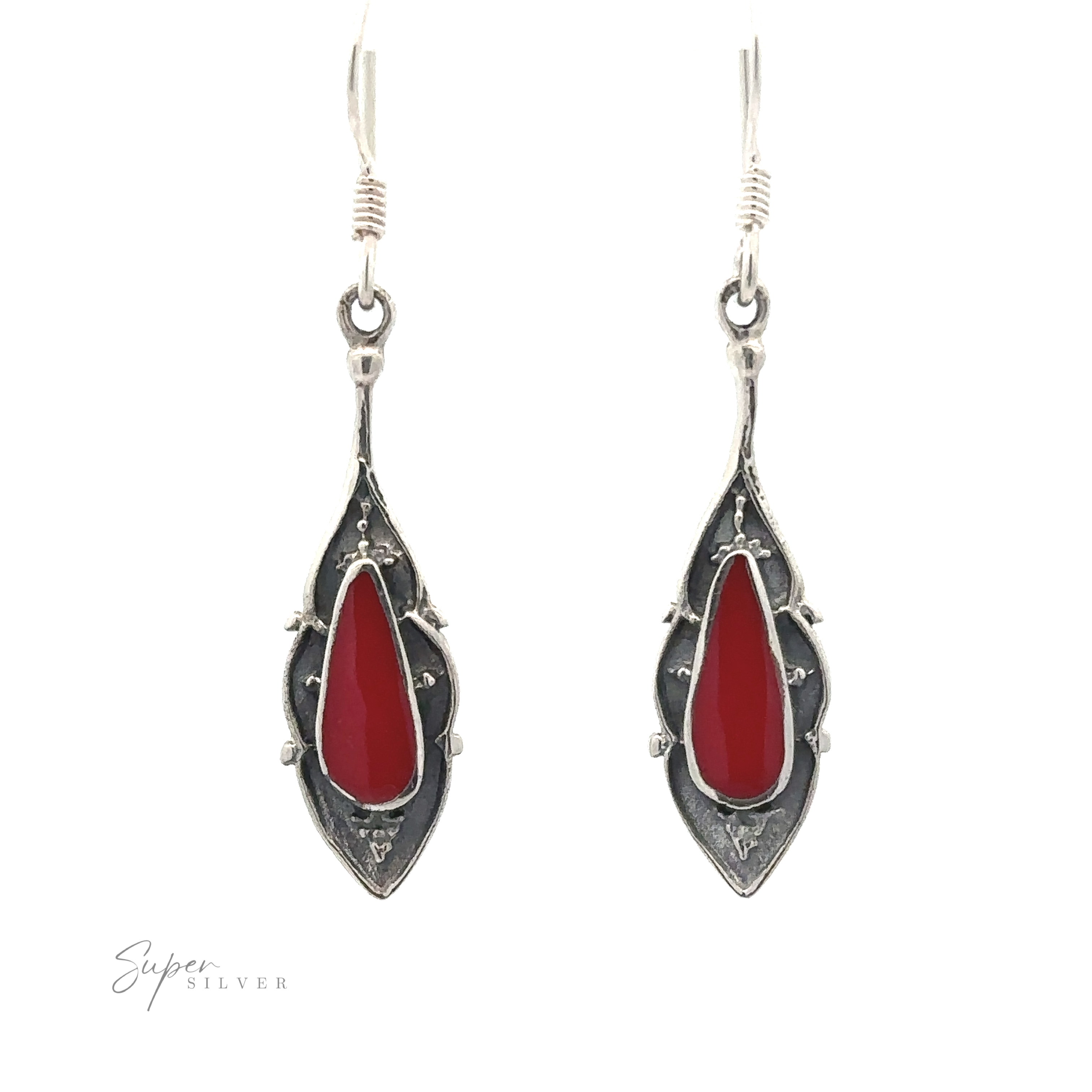 Pair of Teardrop Shape Inlaid Earrings with red teardrop-shaped stones in the center.