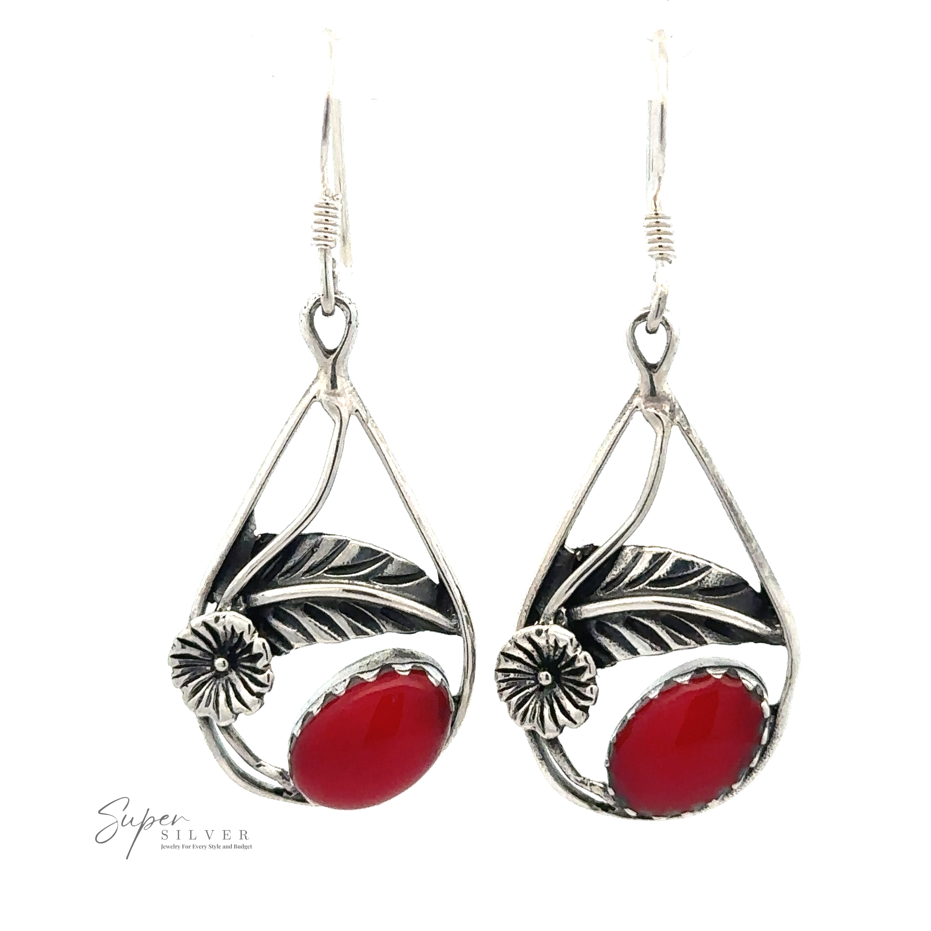 Inlaid Teardrop Earrings With Floral Setting, featuring red oval gemstones and floral and leaf designs. Branded with "Super Silver" logo at the bottom left.