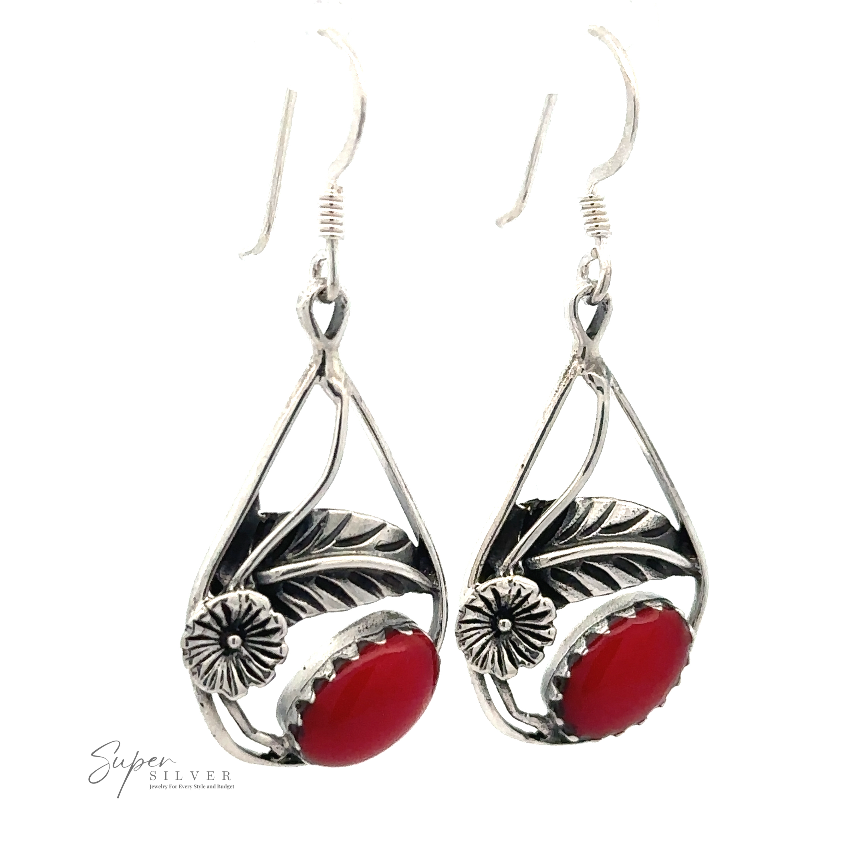 A pair of Inlaid Teardrop Earrings With Floral Setting with red oval stones, leaf and flower motifs, and hook backs. The logo "Super Silver" is displayed in the corner.