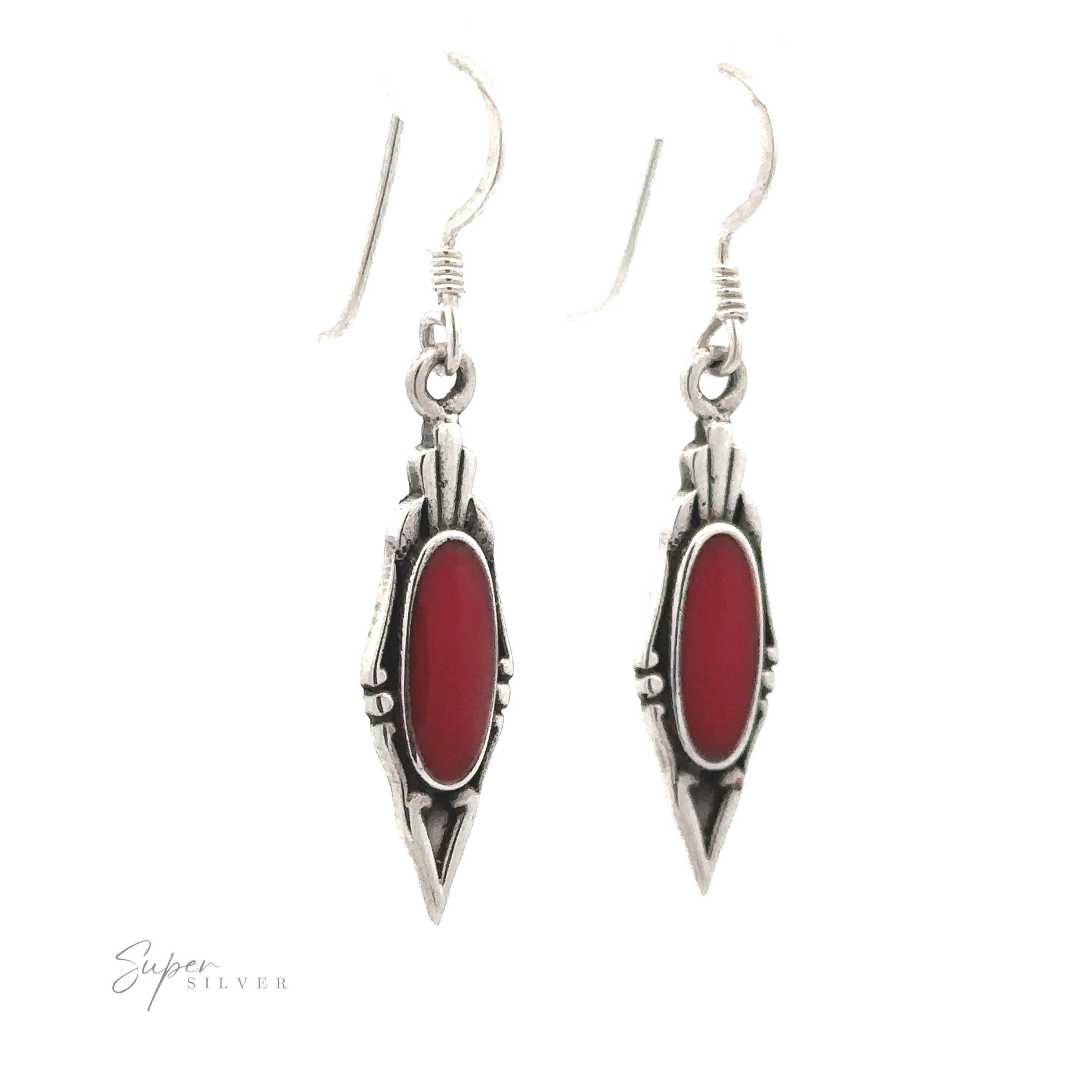 Sure, here's the sentence with the product name replaced:
"A pair of Elegant Inlaid Earrings with Oval Stone featuring elongated red oval stones set in a decorative vintage design metal frame.