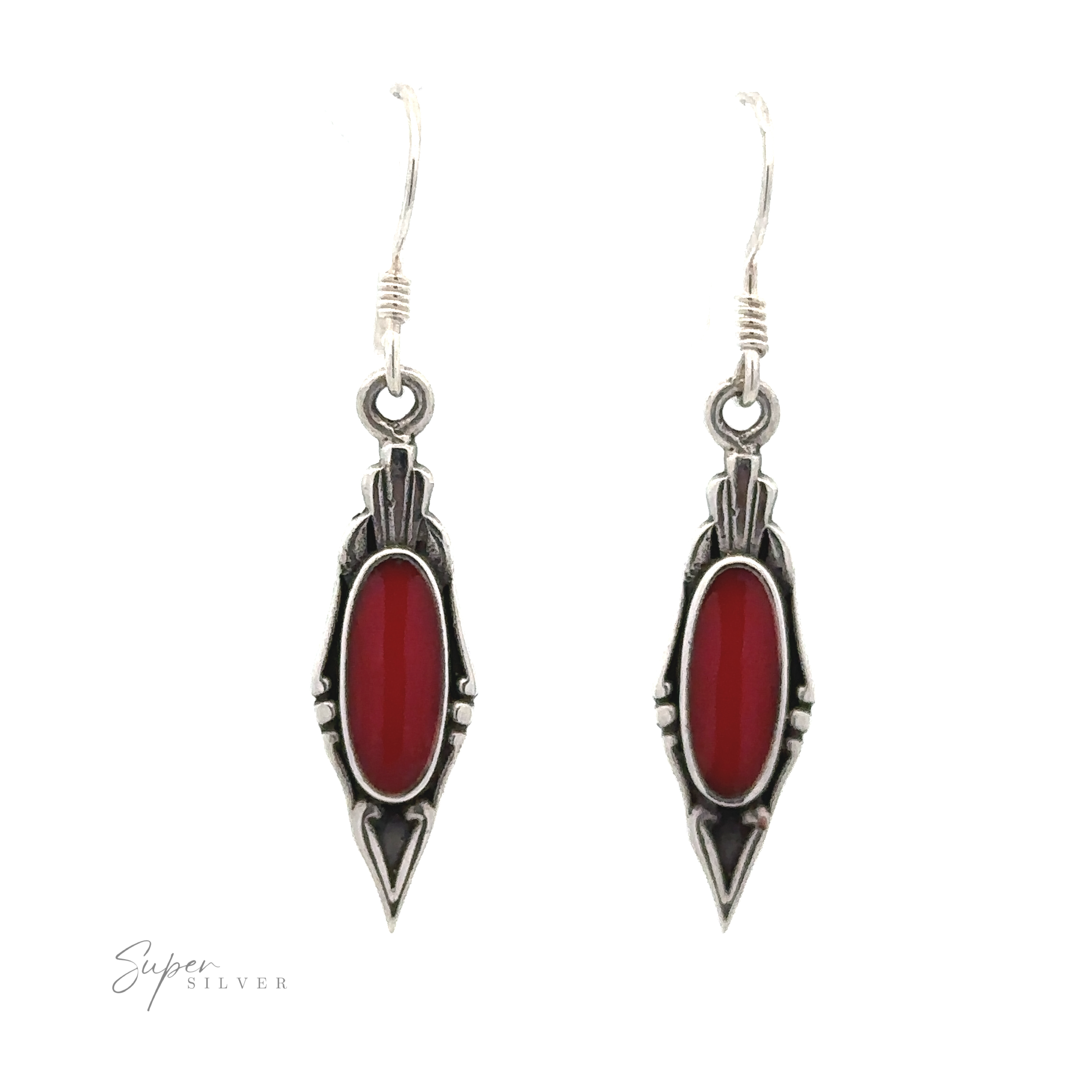 A pair of Elegant Inlaid Earrings with Oval Stone, featuring intricate detailing and vintage design with elegant dangle style closures.