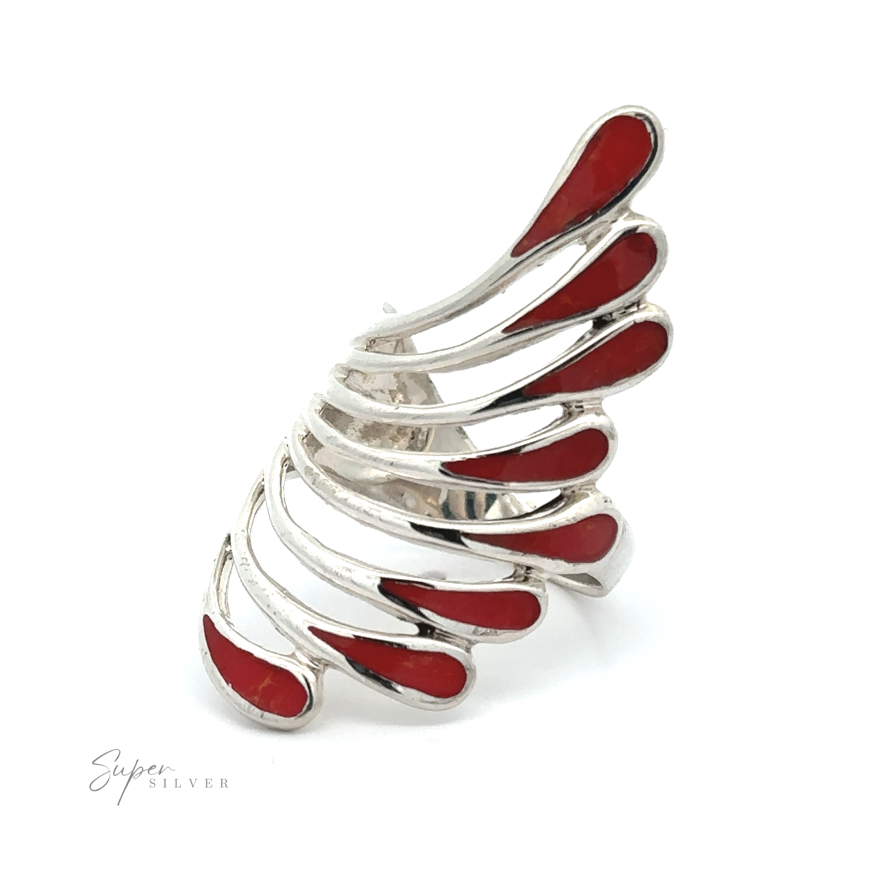Featuring captivating red and white wings, this Beautiful Inlay Stone Wing Fan Ring shines with a silver finish.