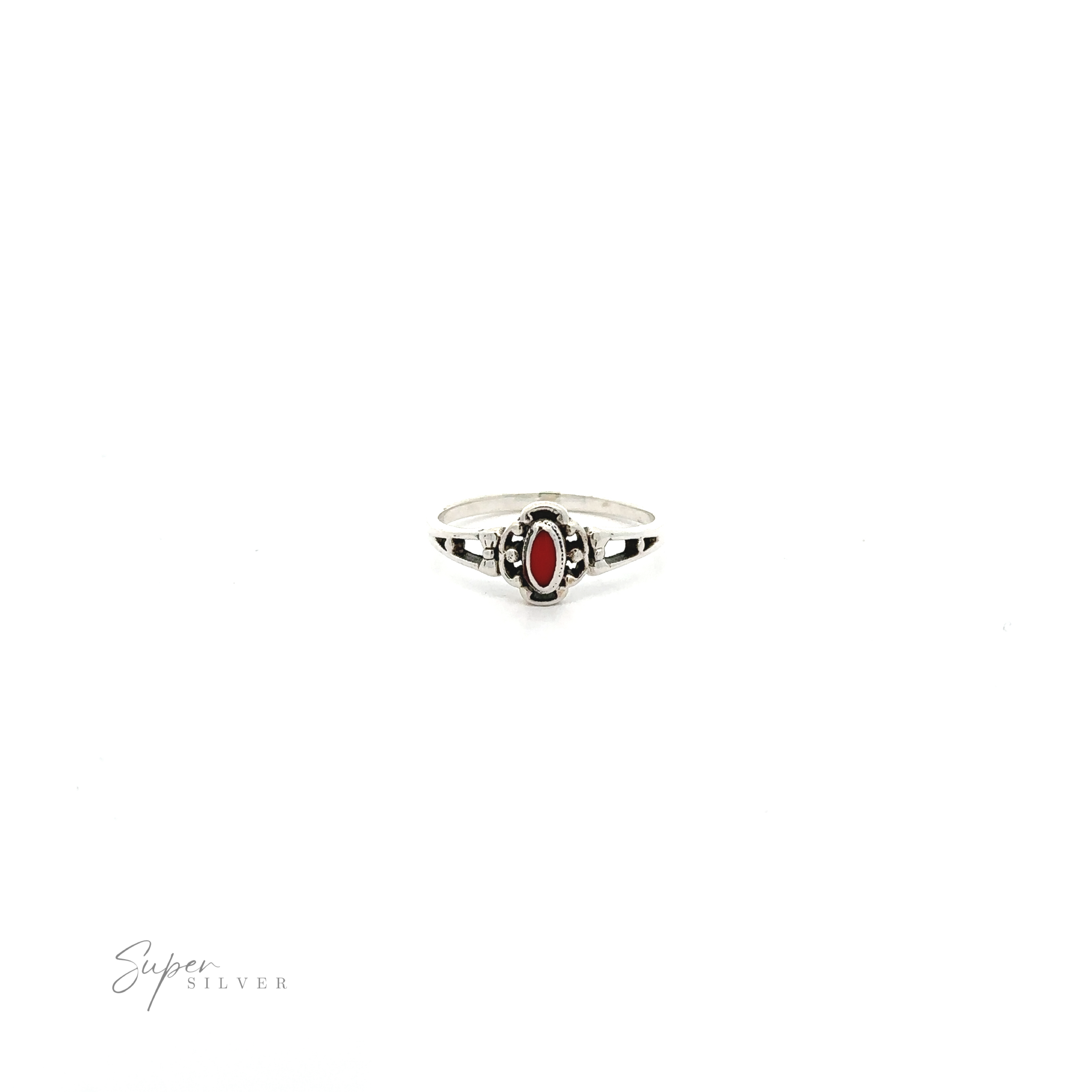A sterling silver Oval Inlay Stone Ring with an oval-shaped red stone.