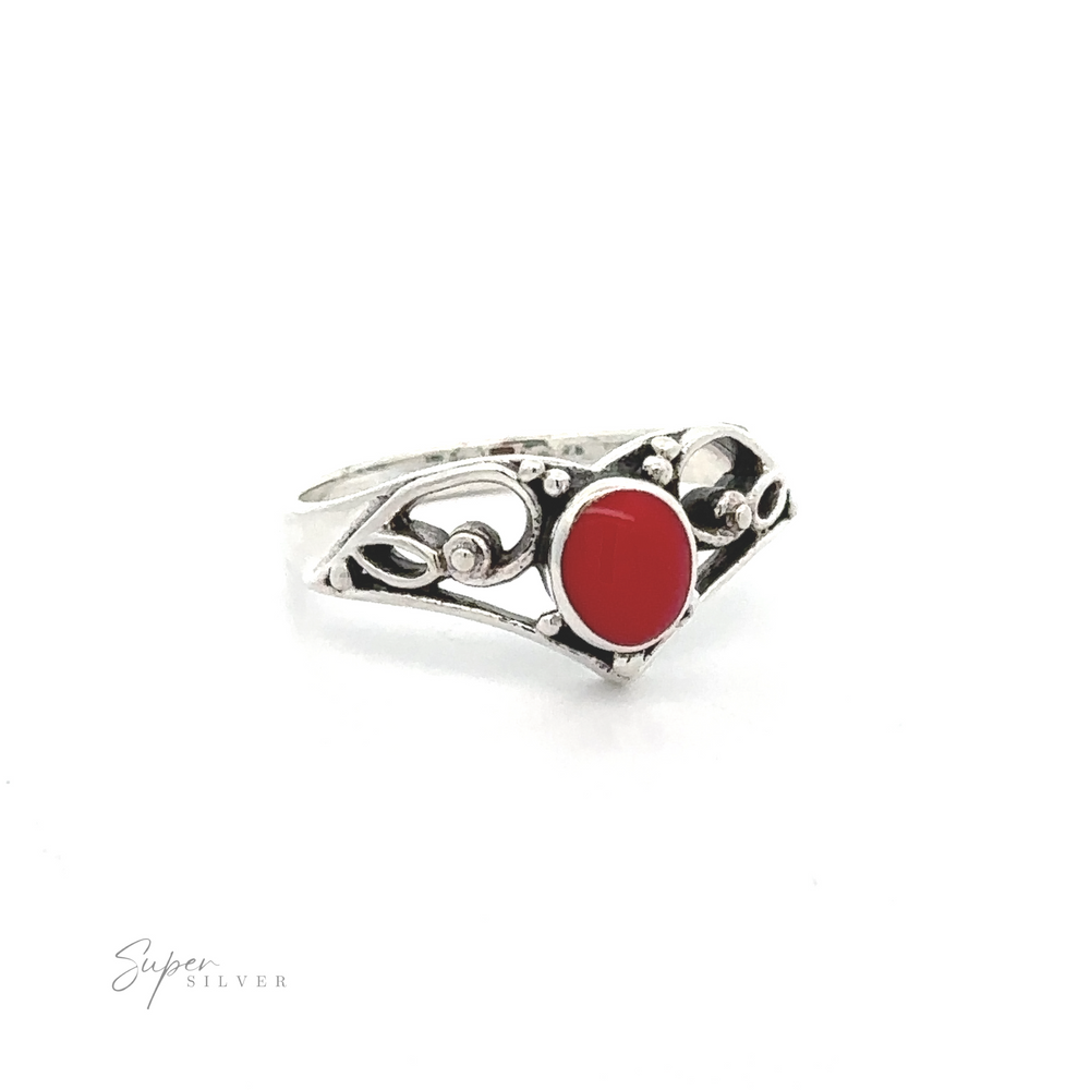 
                  
                    This Filigree Crown Ring with Inlaid Oval Stone exudes a vintage vibe with its stunning silver band and captivating red stone option.
                  
                