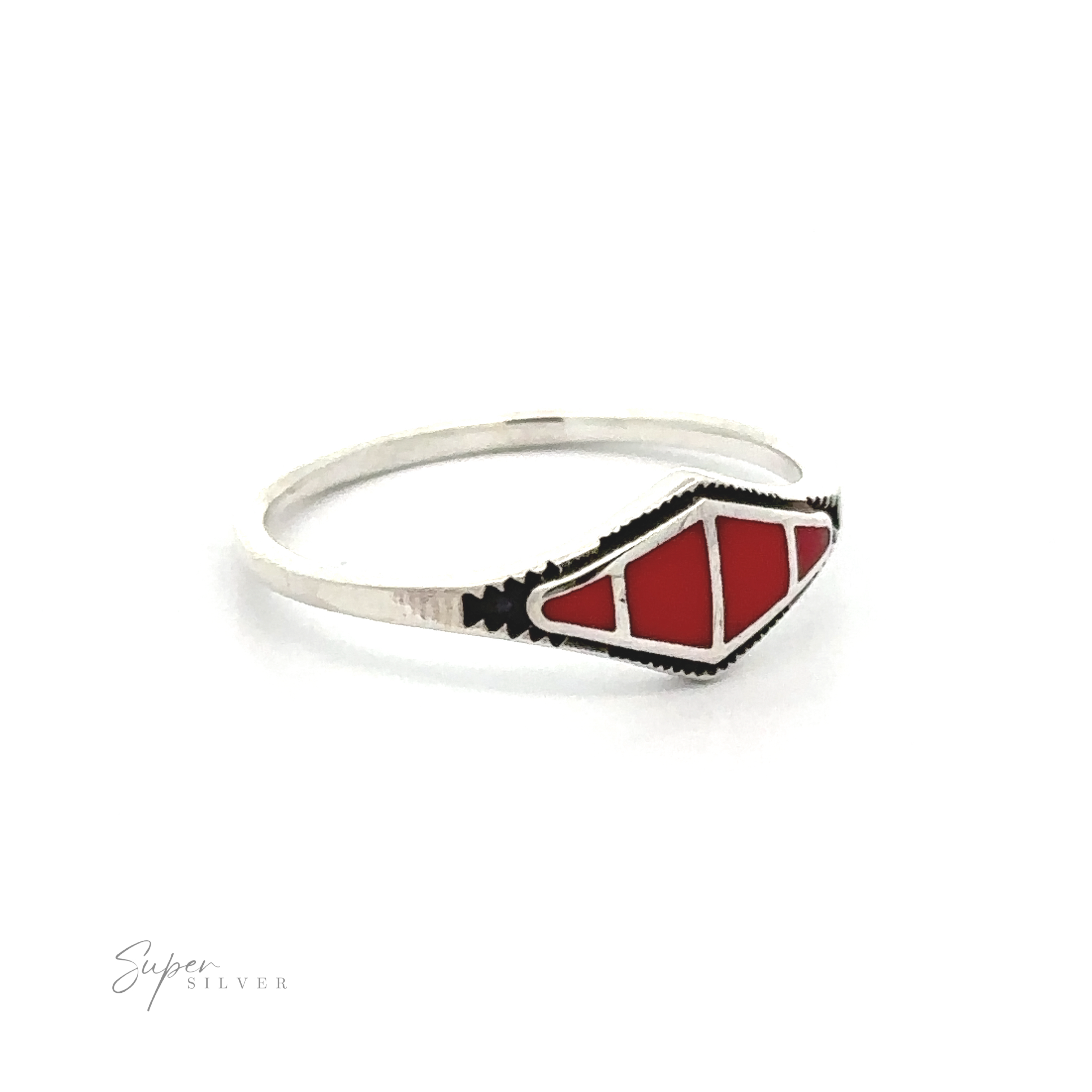 A diamond shape sectioned stone ring with a red and white design, perfect for beach life and contemporary trends.