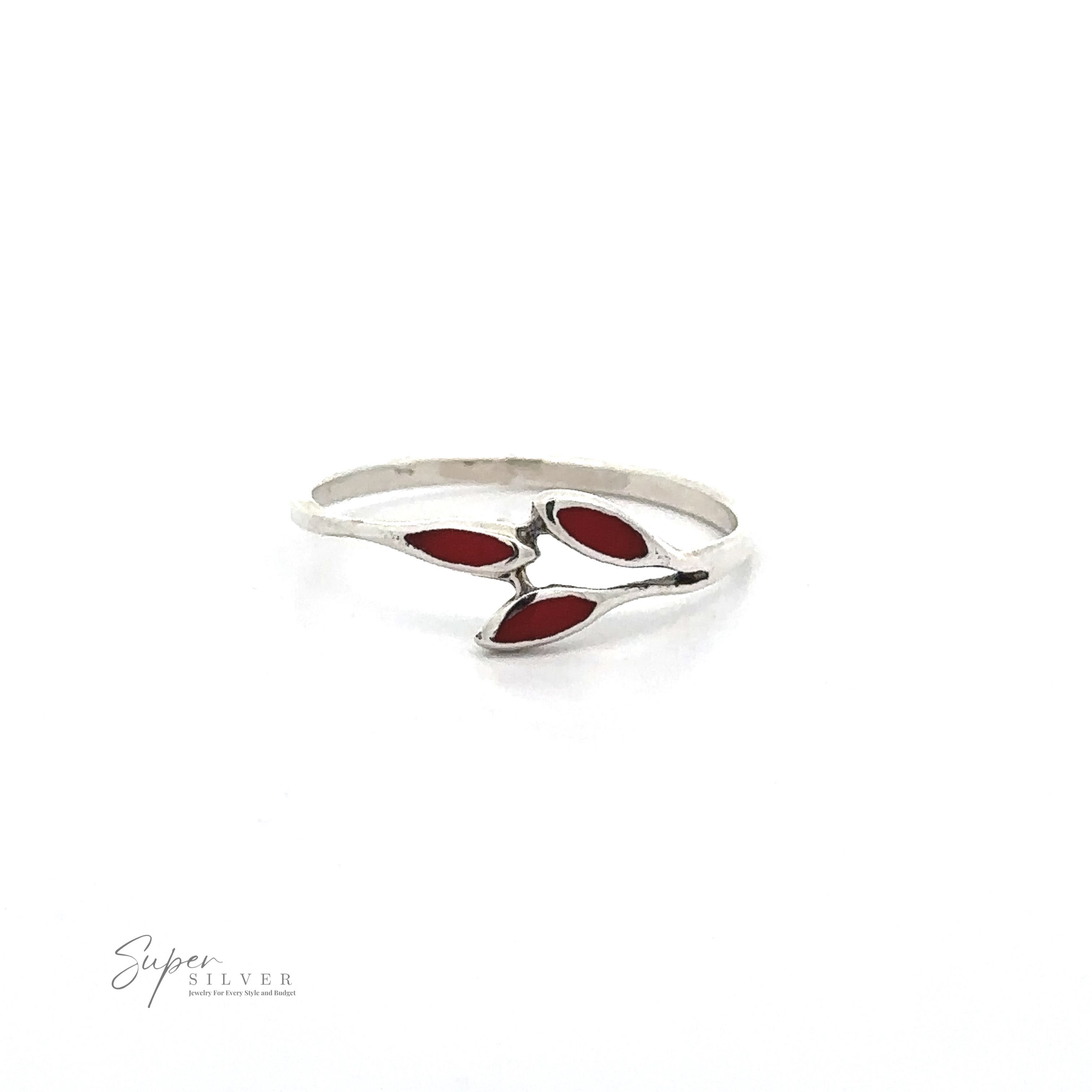 A Tiny Leaves Ring with Inlaid Stones with three marquise-shaped red stones arranged in a floral pattern. "Silver Super" logo in the bottom left corner.