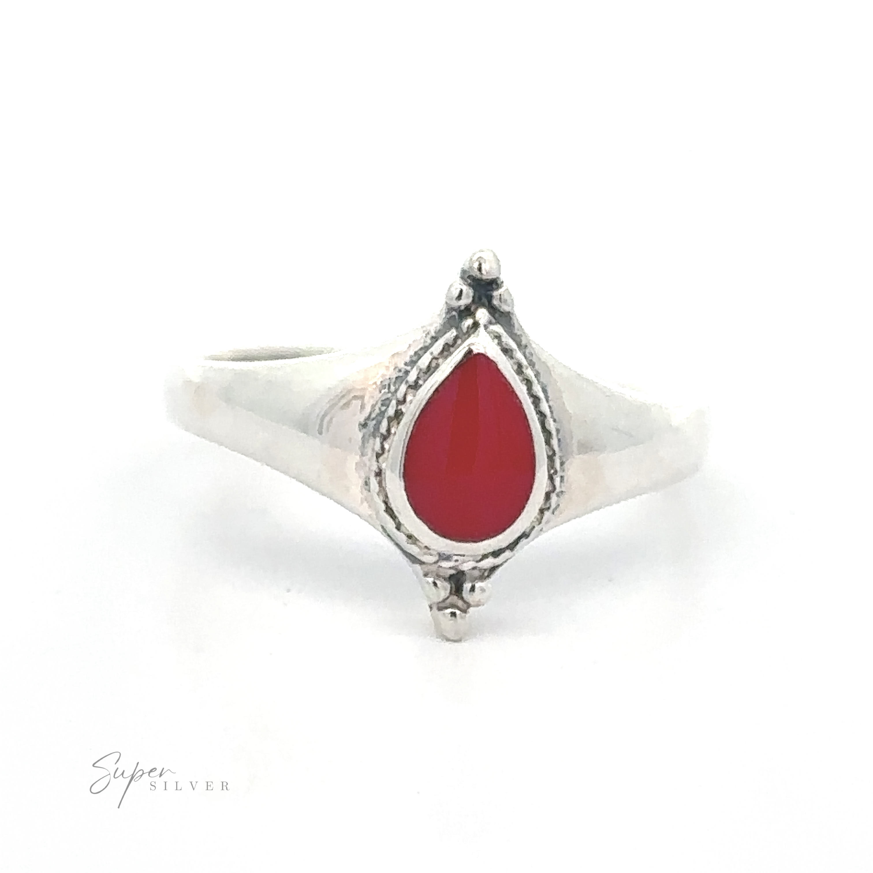 Silver Teardrop Inlay Shield Ring with a red teardrop-shaped gemstone set in an ornate bezel.