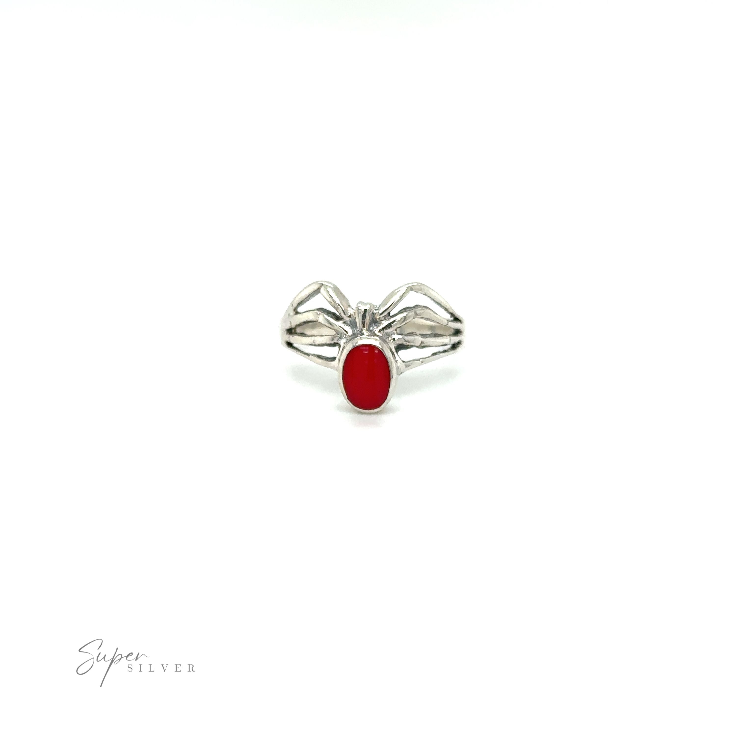 A mystical Inlay Stone Spider Ring with a red stone, reminiscent of an enchantress's spider ring, by Super Silver.