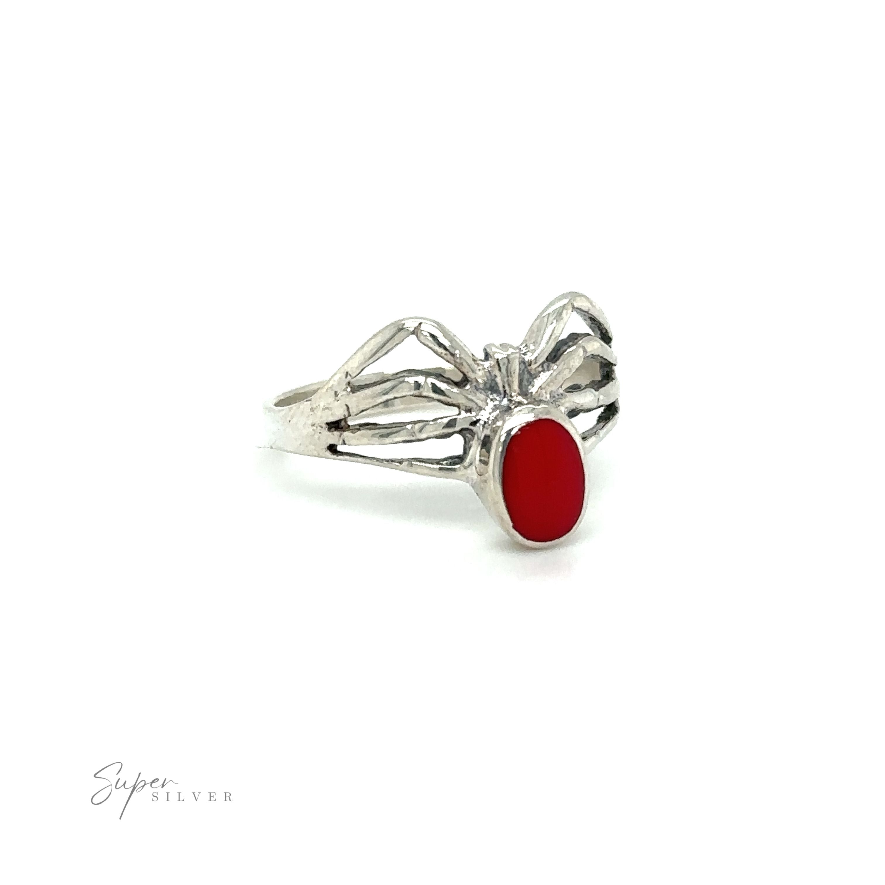 A mystical Inlay Stone Spider Ring adorned with a mesmerizing red stone, fit for an enchantress. (Brand Name: Super Silver)
