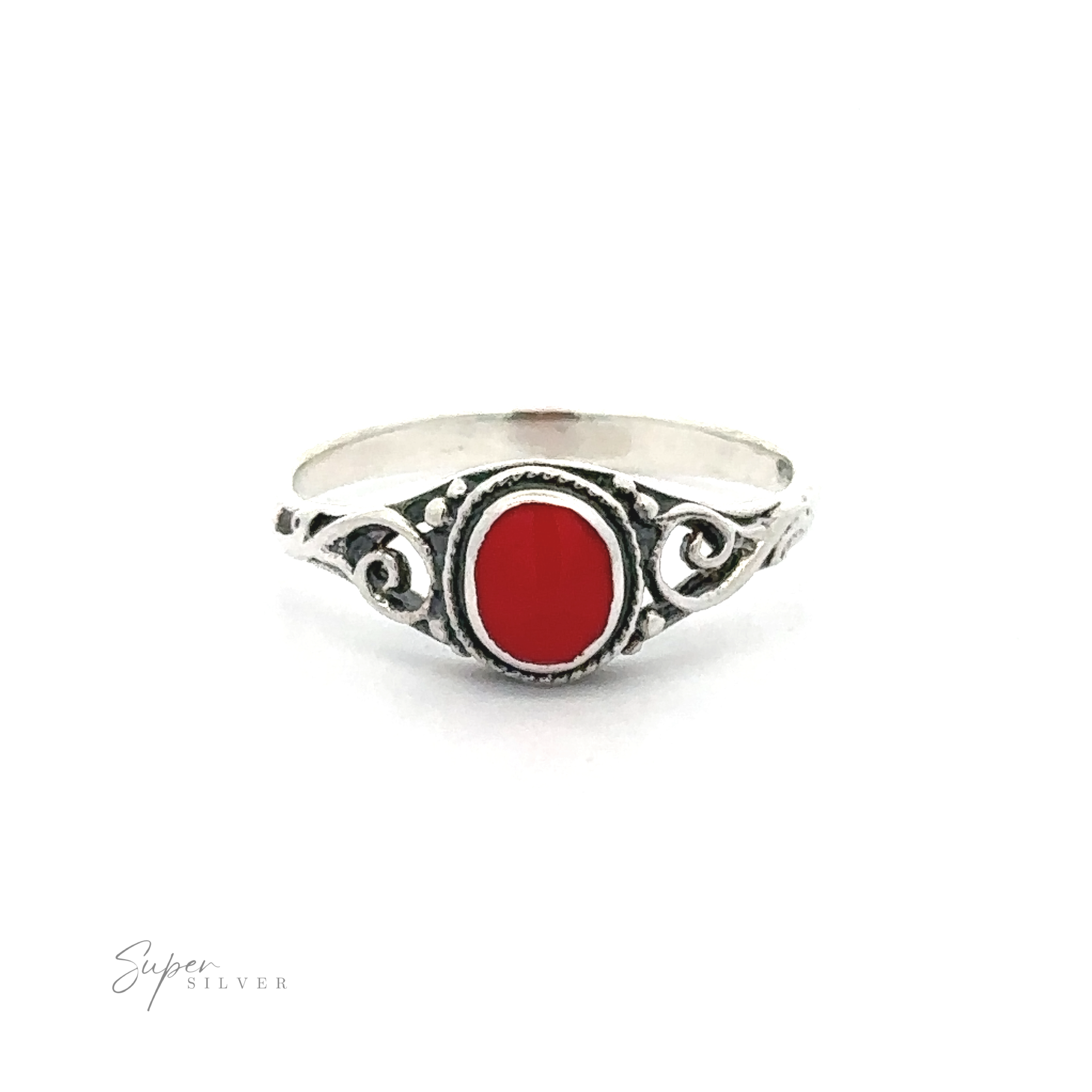 A sterling silver ring with an Oval Inlay Stone Ring with Swirls.