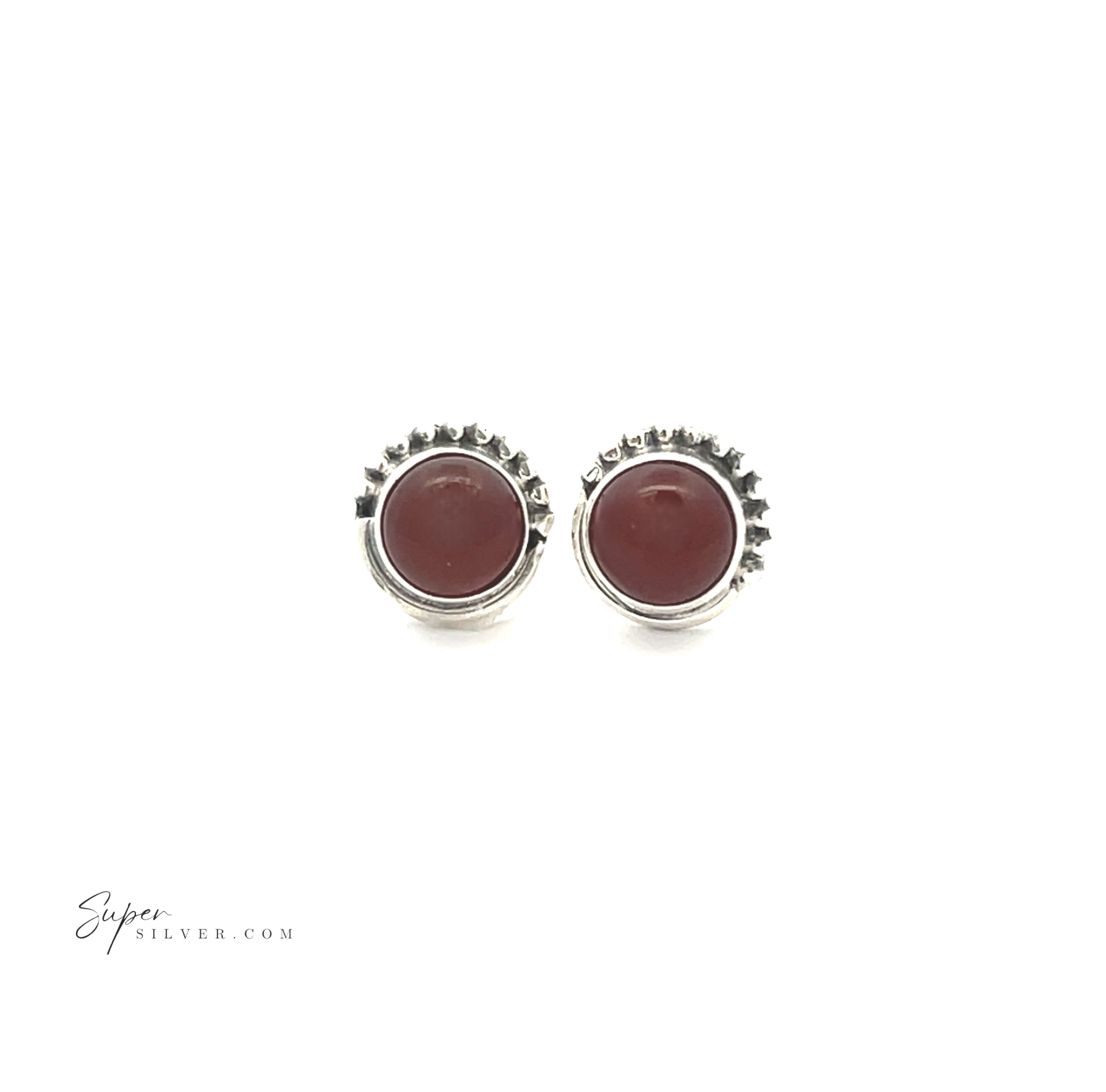 5mm Gemstone Studs With Half Bead Design: Round sterling silver stud earrings featuring reddish-brown bezel-set gemstones, shown on a white background with "SuperSilver.com" in the lower left corner.