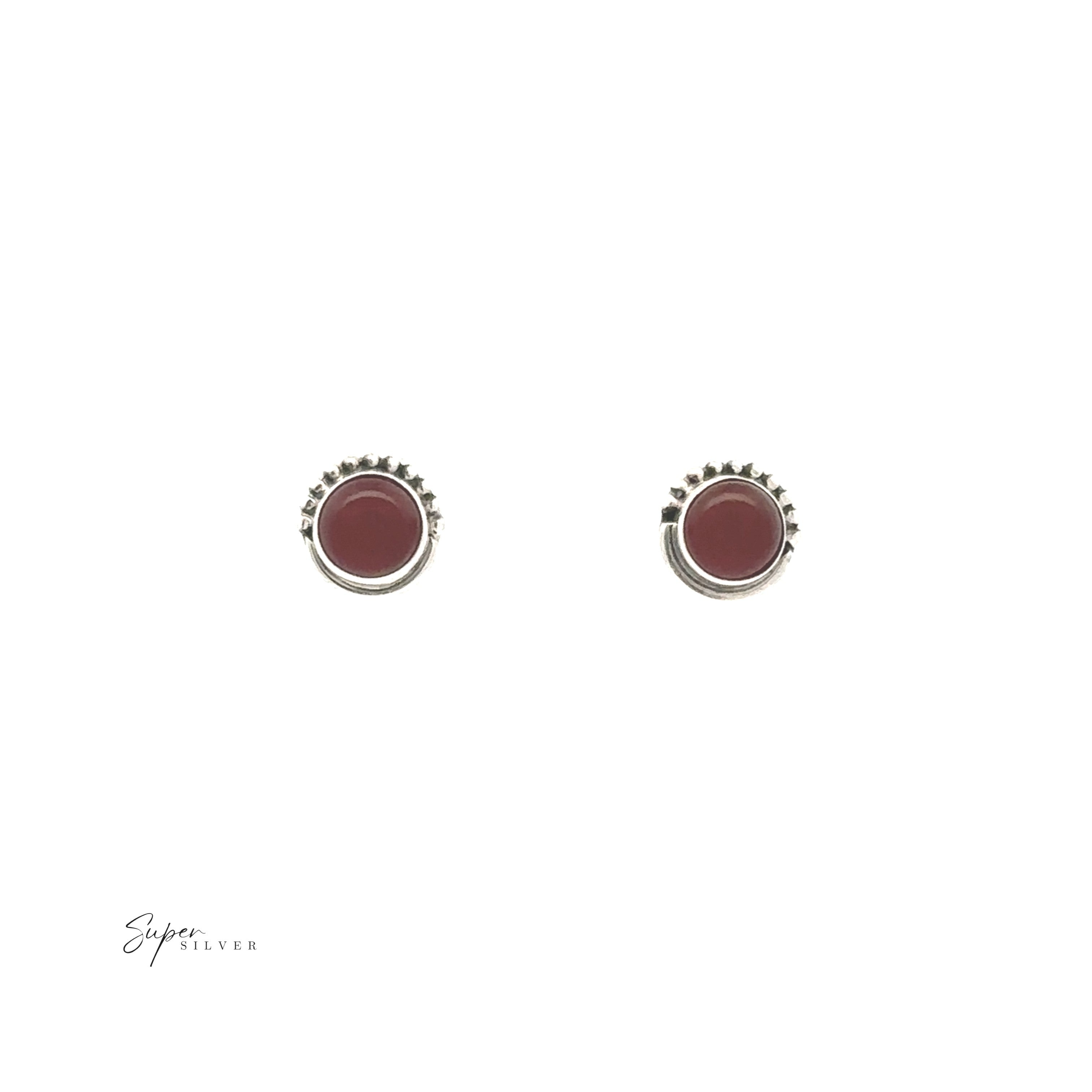 The 5mm Gemstone Studs With Half Bead Design feature bezel-set maroon centers, silver borders, and delicate accents in sterling silver, creating an elegant look against a white background.