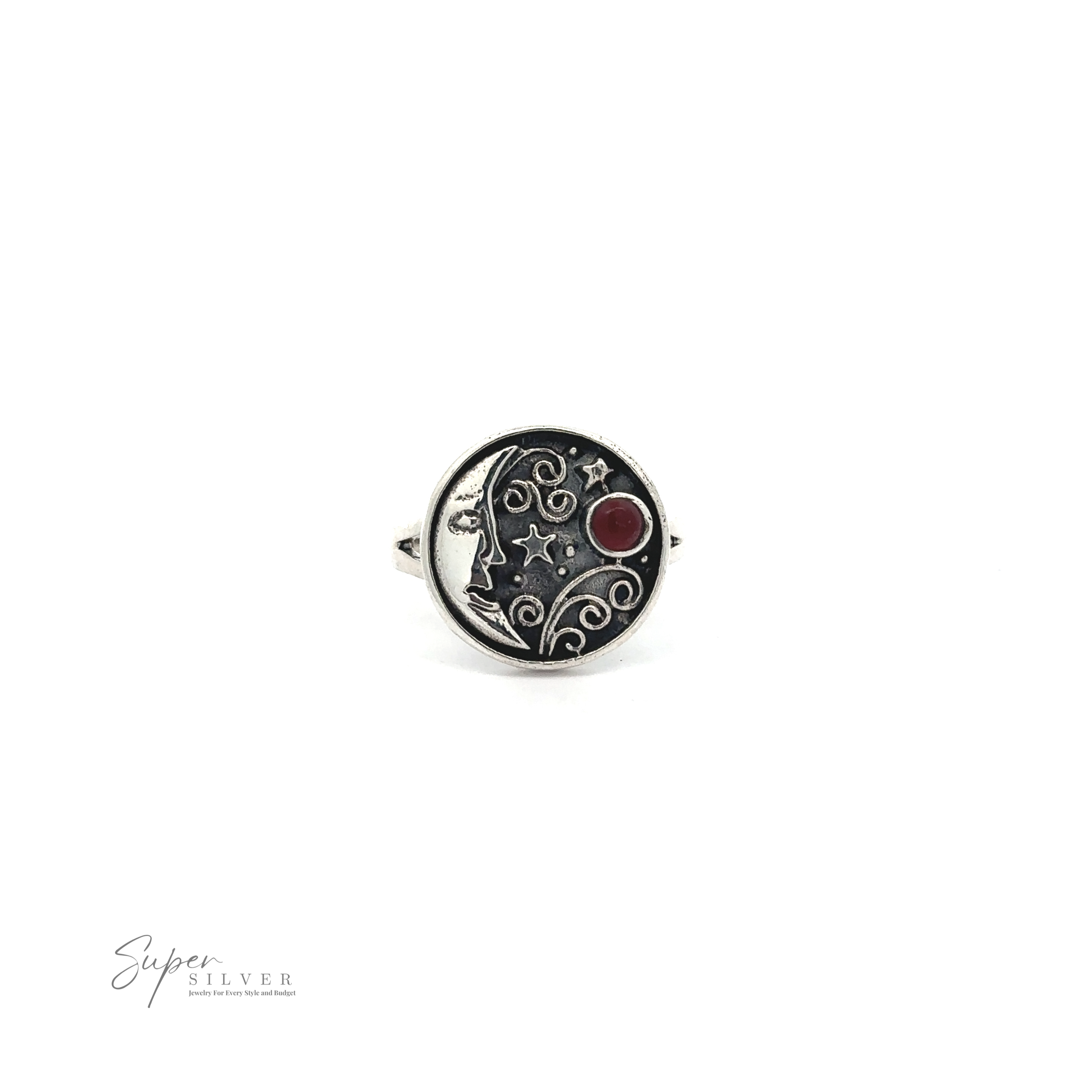 A round silver ring with celestial motifs of the moon, stars, and a red gem, placed against a white background. "Super Silver" branding is visible in the bottom left corner. This Circular Vintage Style Moon Ring With Inlaid Stone .925 Sterling Silver piece exudes Bohemian charm and timeless elegance.
