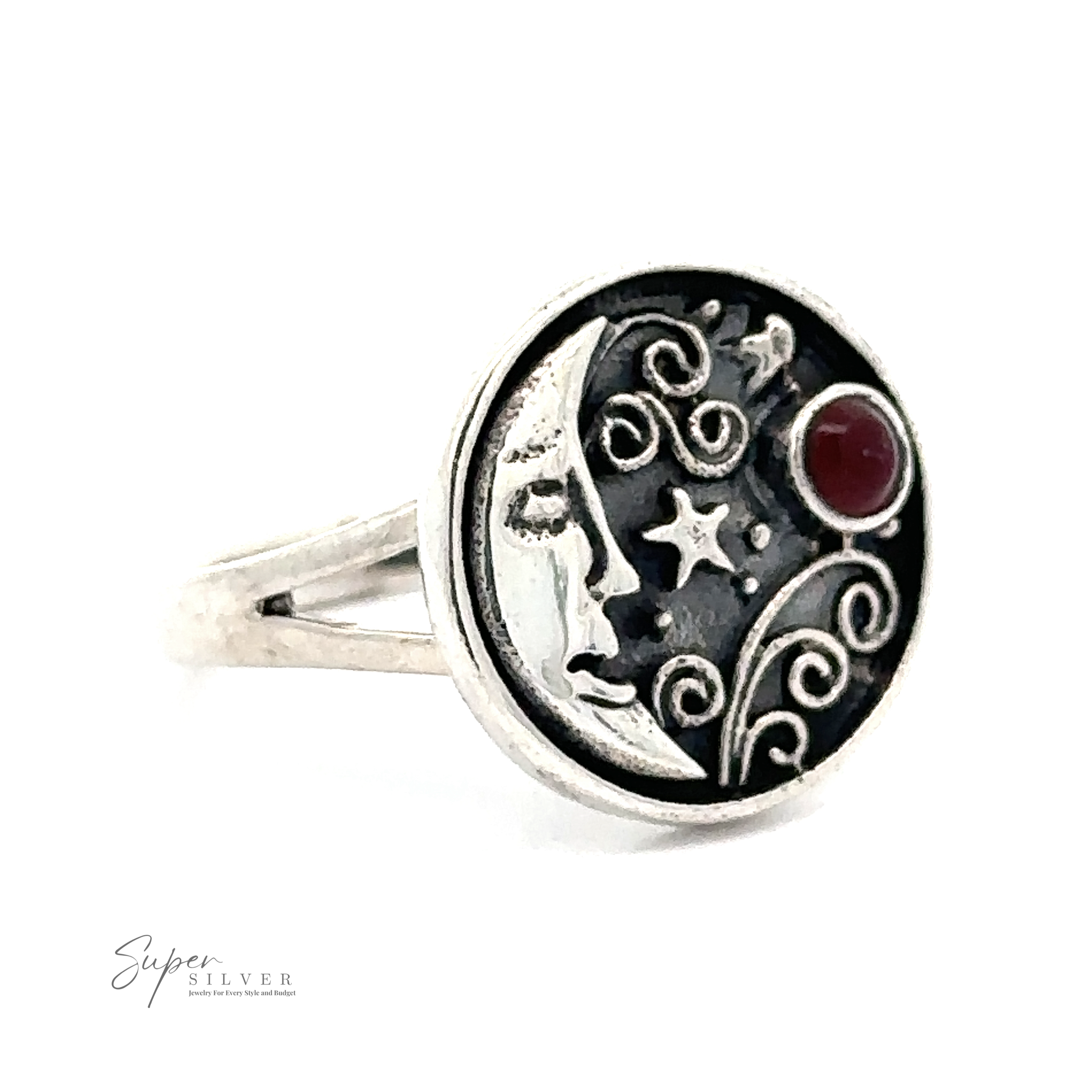A Circular Vintage Style Moon Ring With Inlaid Stone in .925 sterling silver features a celestial design with a crescent moon, stars, and swirling patterns, highlighted by a small red gem. This beautiful piece radiates bohemian charm and timeless elegance.