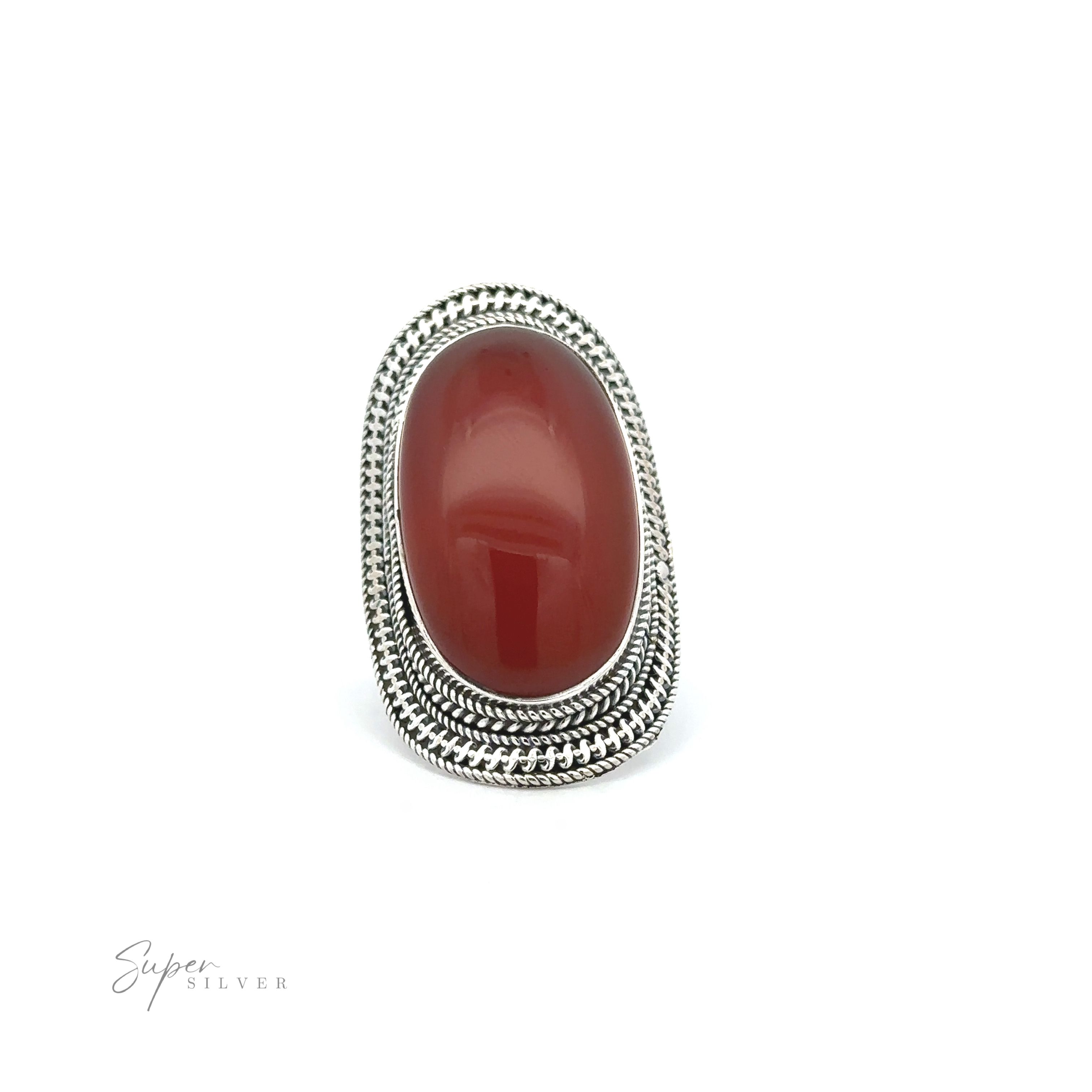 A Large Oval Shield Gemstone Ring set in a silver, intricately designed band with bohemian flair, displayed on a white background. The text "Super Silver" is at the lower left corner.