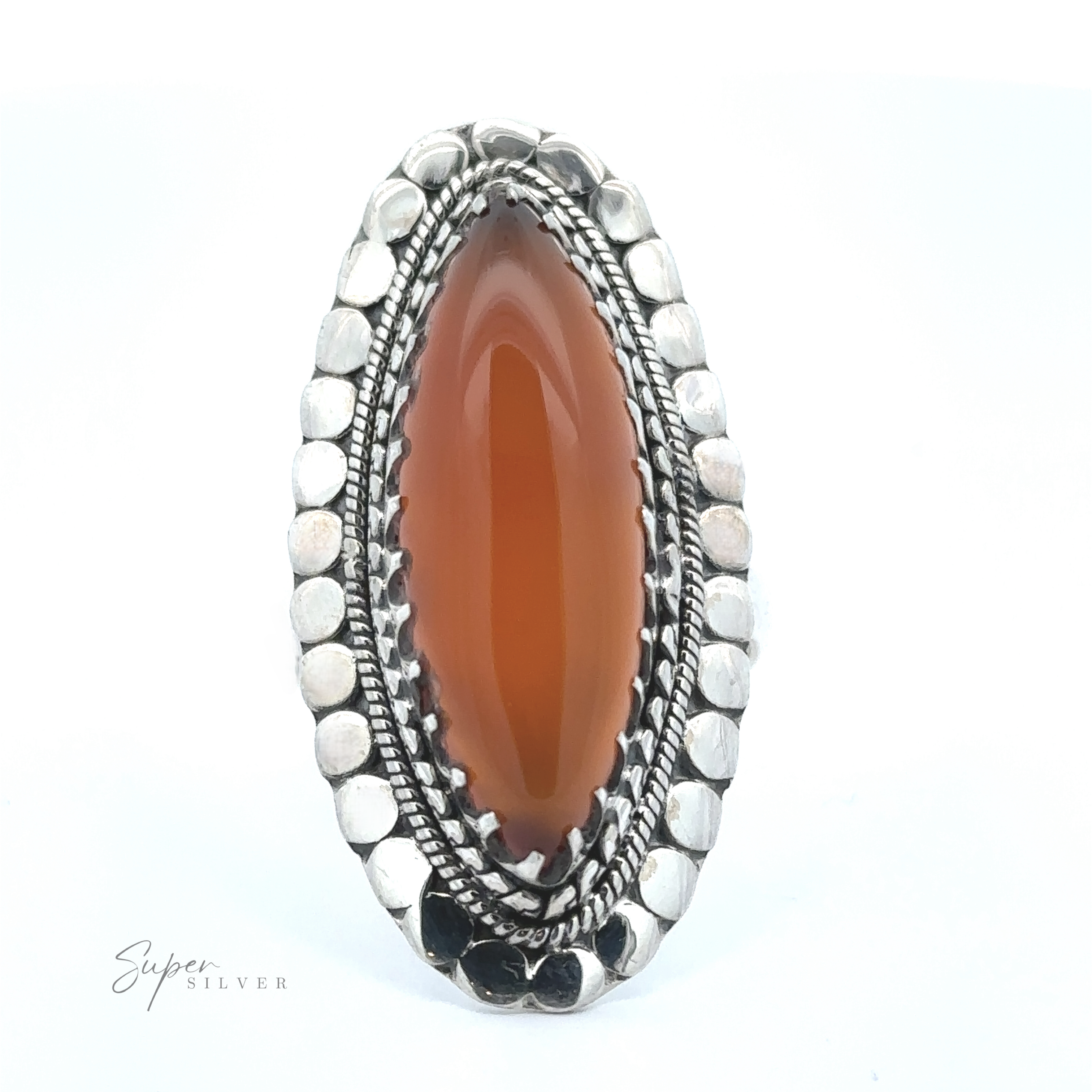 A Statement Marquise Shaped Gemstone Ring showcasing an orange, marquise-shaped stone set in a silver band with detailed metalwork and a border of round, silver beads. The inscription "Super Silver" graces the bottom-left corner, making it a perfect piece of Bohemian jewelry.