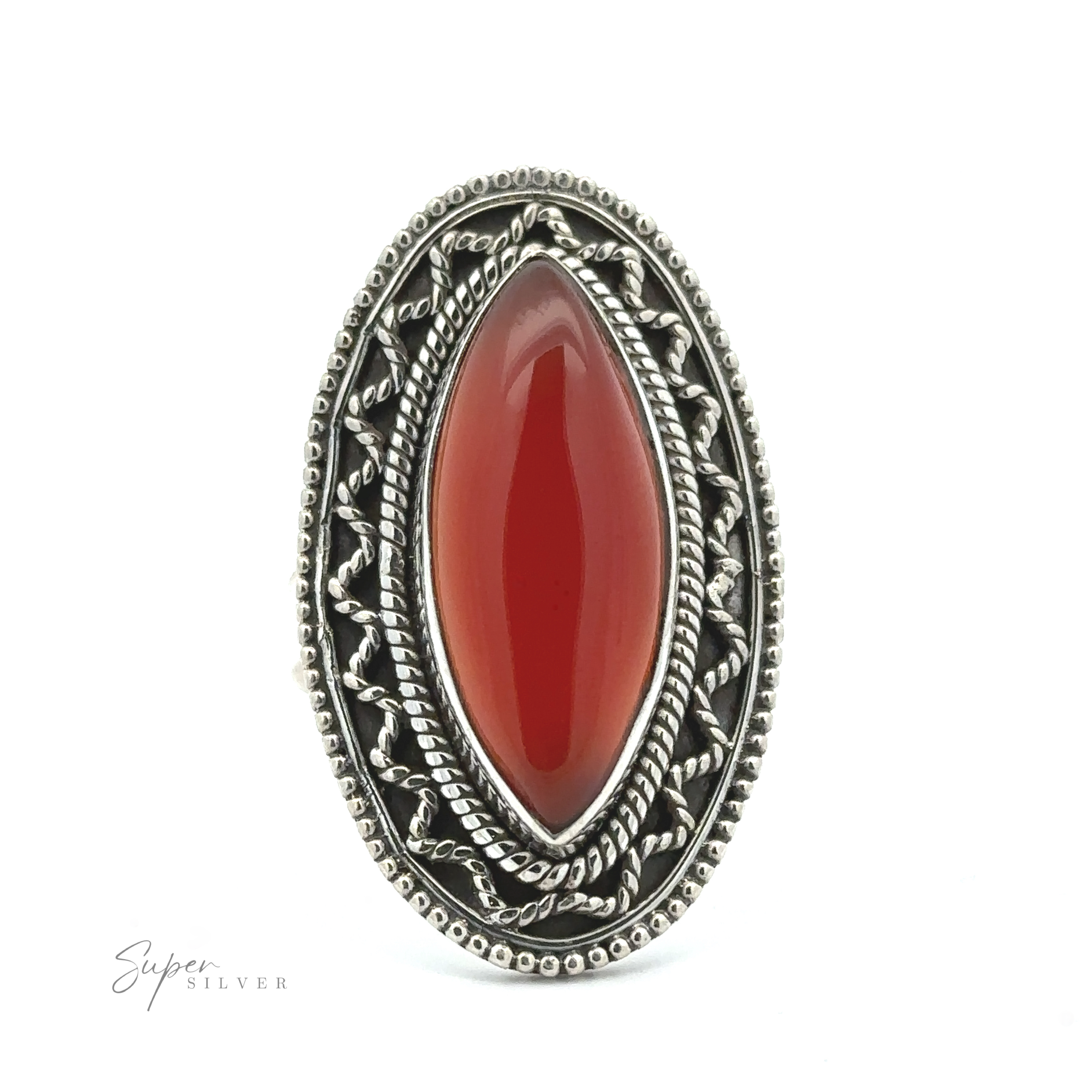 An ornate sterling silver ring with intricate designs featuring a large, polished red gemstone in the center. Marked "Marquise Shaped Gemstone Ring With Vintage Shield Border," this piece has a Bohemian twist that enhances its unique charm.