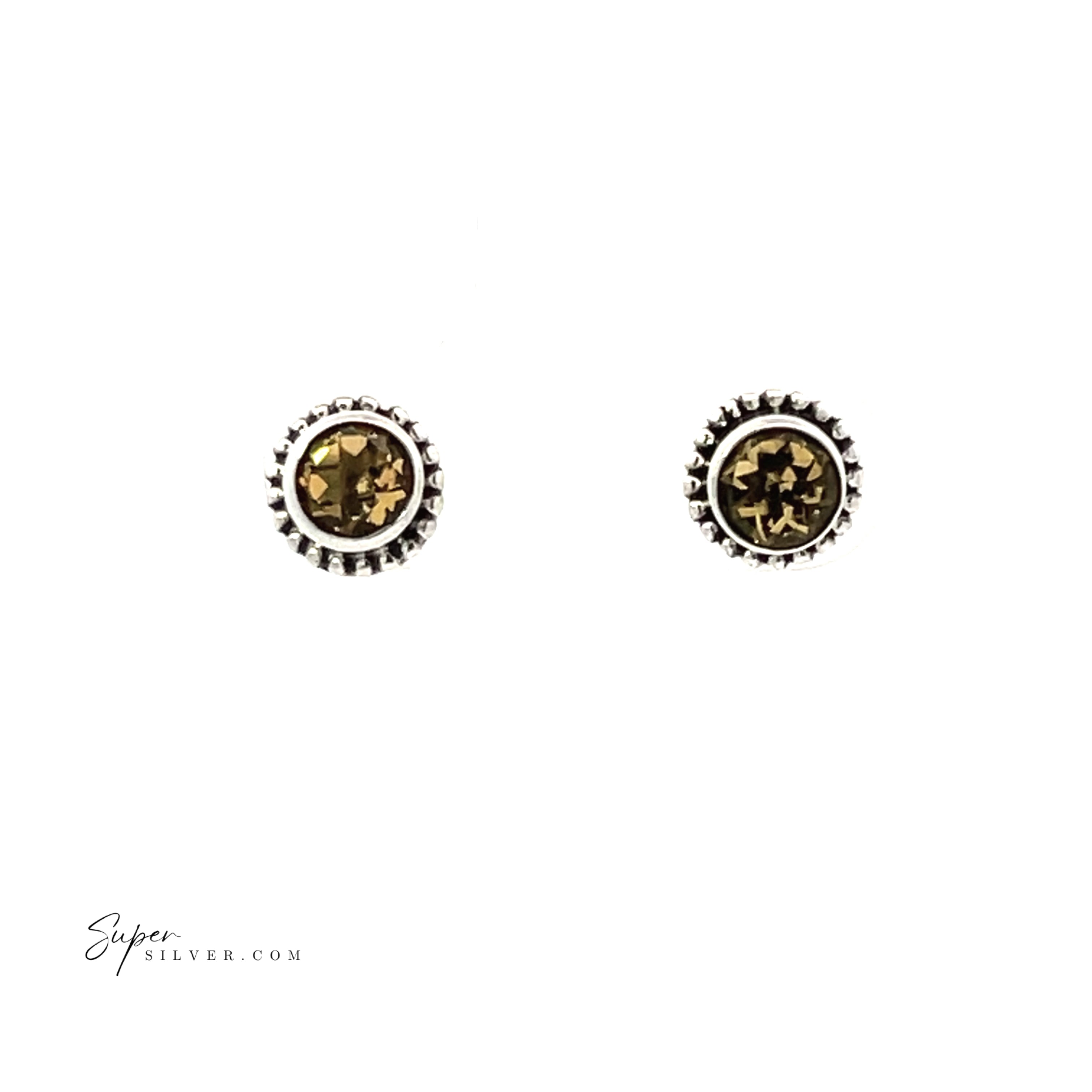 Beaded Round Faceted Gemstone Studs—sterling silver round earrings featuring brown faceted gemstone centers, shown on a white background.