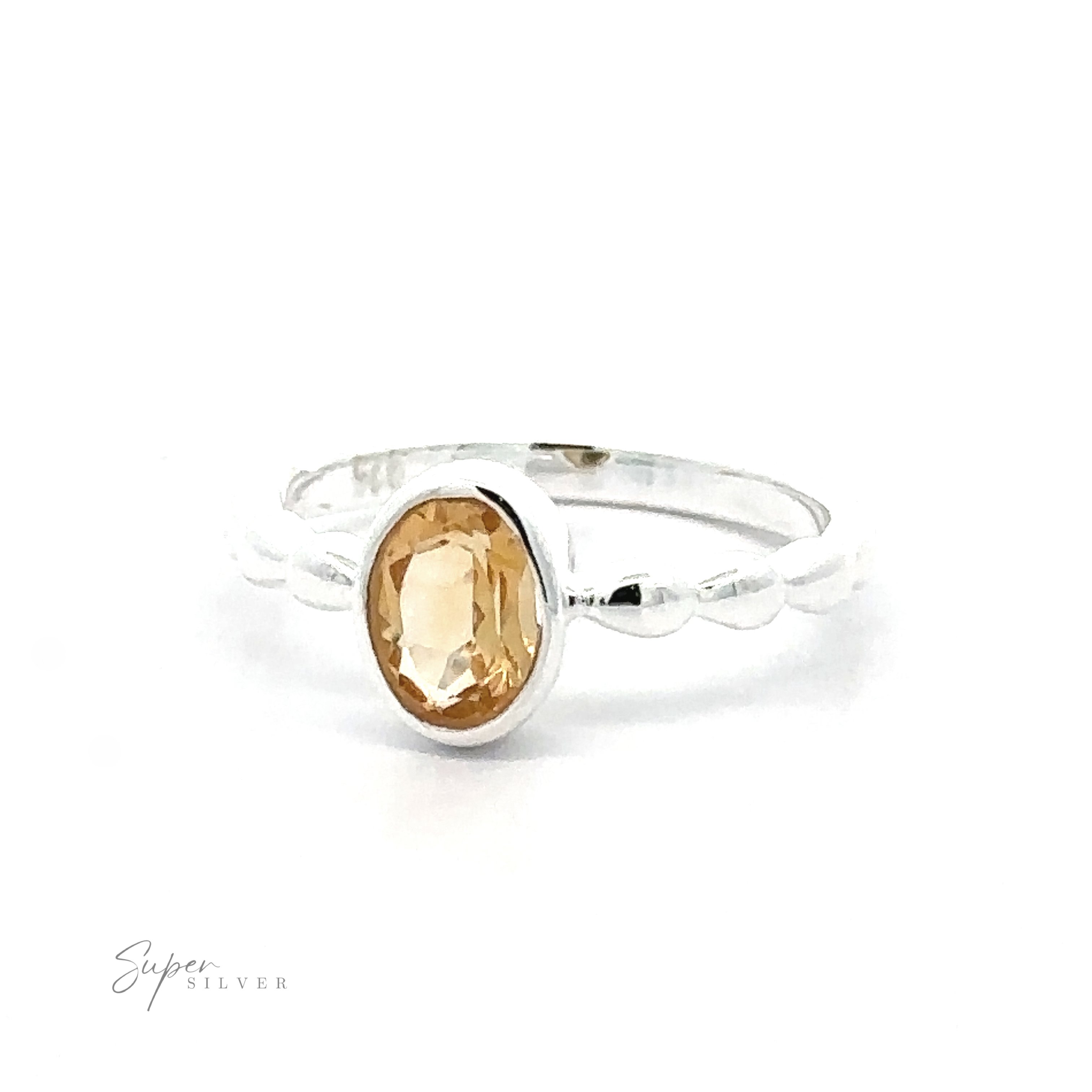 Sterling Silver Oval Gemstone Ring with Beaded Band displayed on a white background.