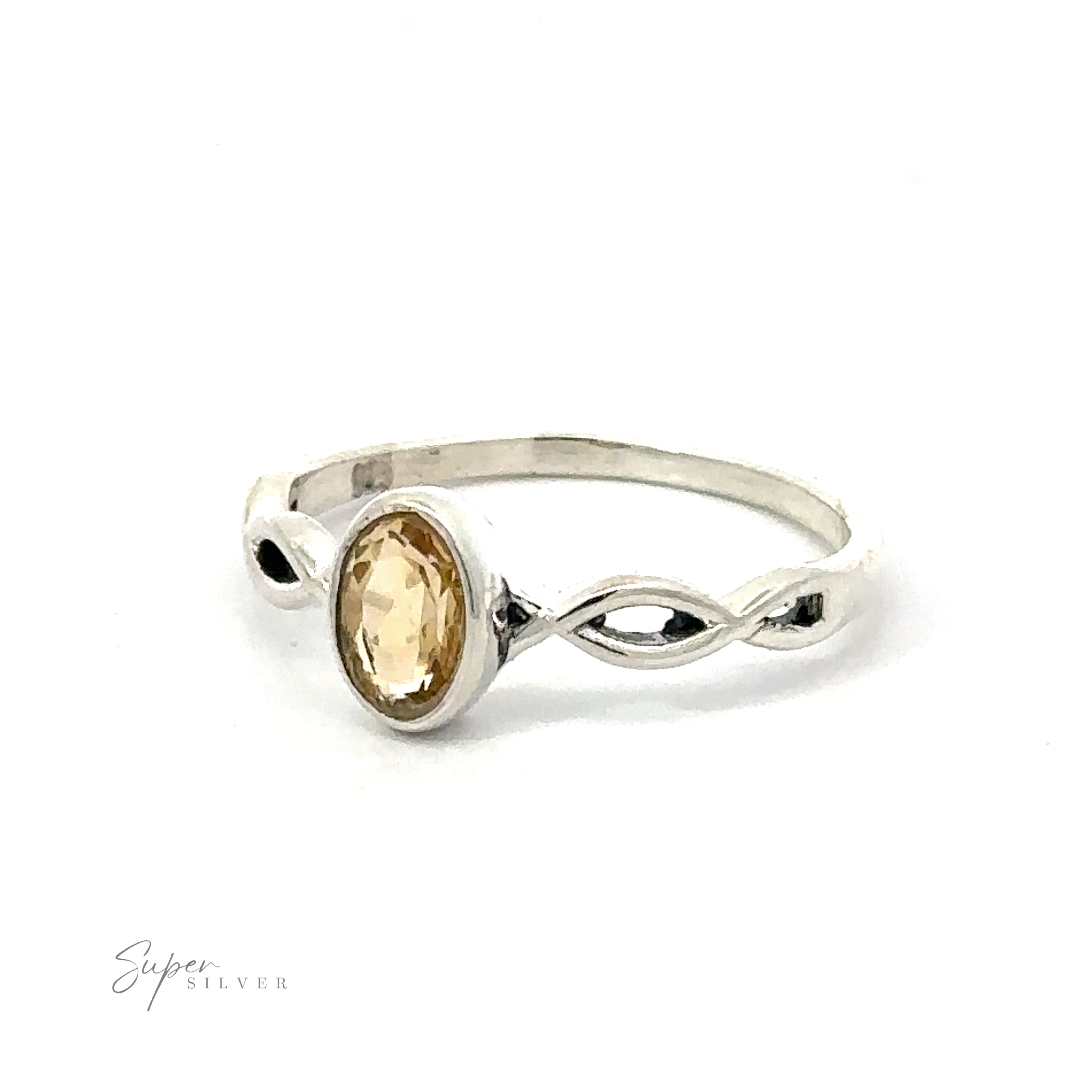 Dainty Oval Gemstone Ring with Twisted Band with a sparkling oval gemstone set in a delicate band featuring an infinity symbol design.
