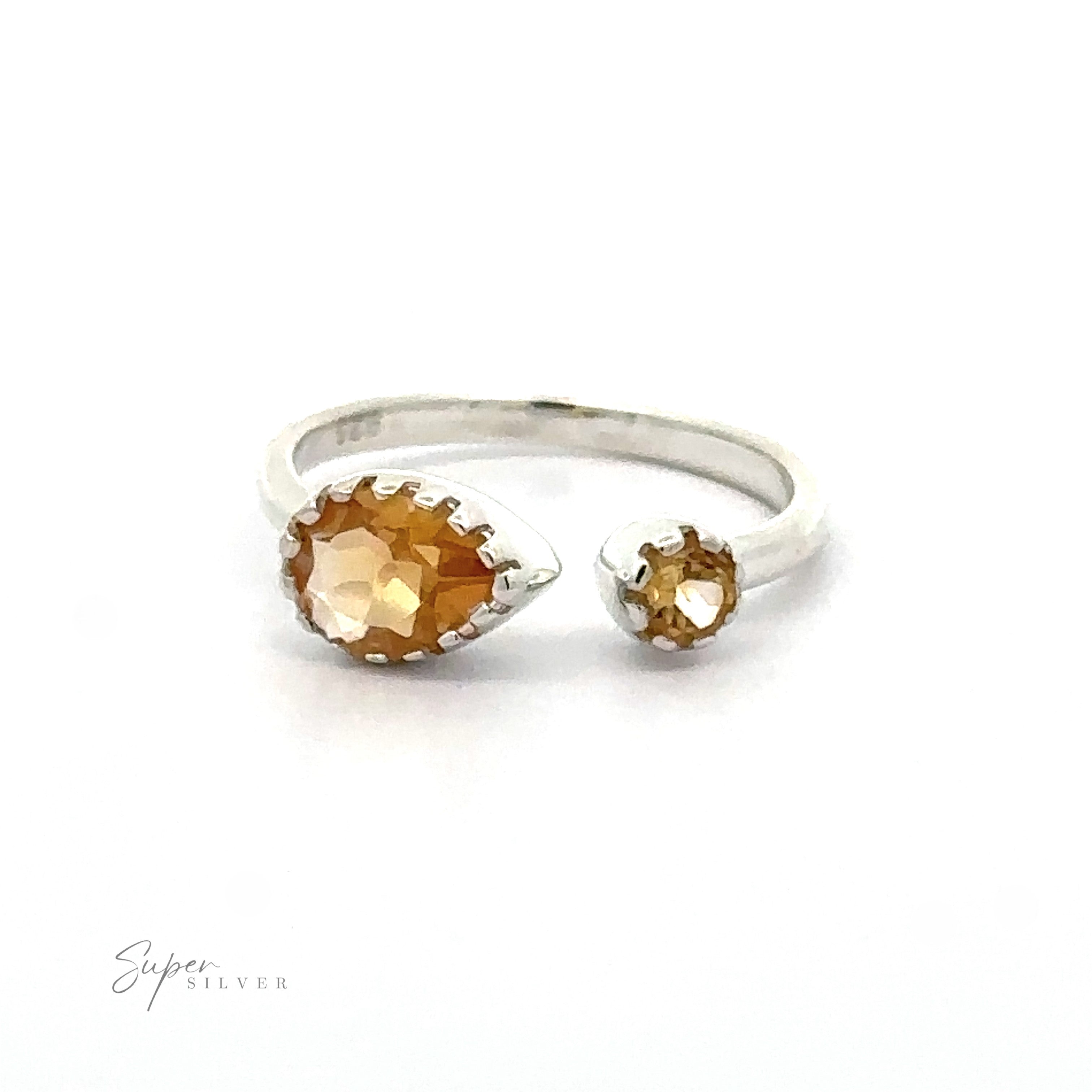 Adjustable Dainty Adjustable Gemstone Ring with Two Stones featuring a large teardrop-shaped amber gem and a smaller round amber accent on a white background.