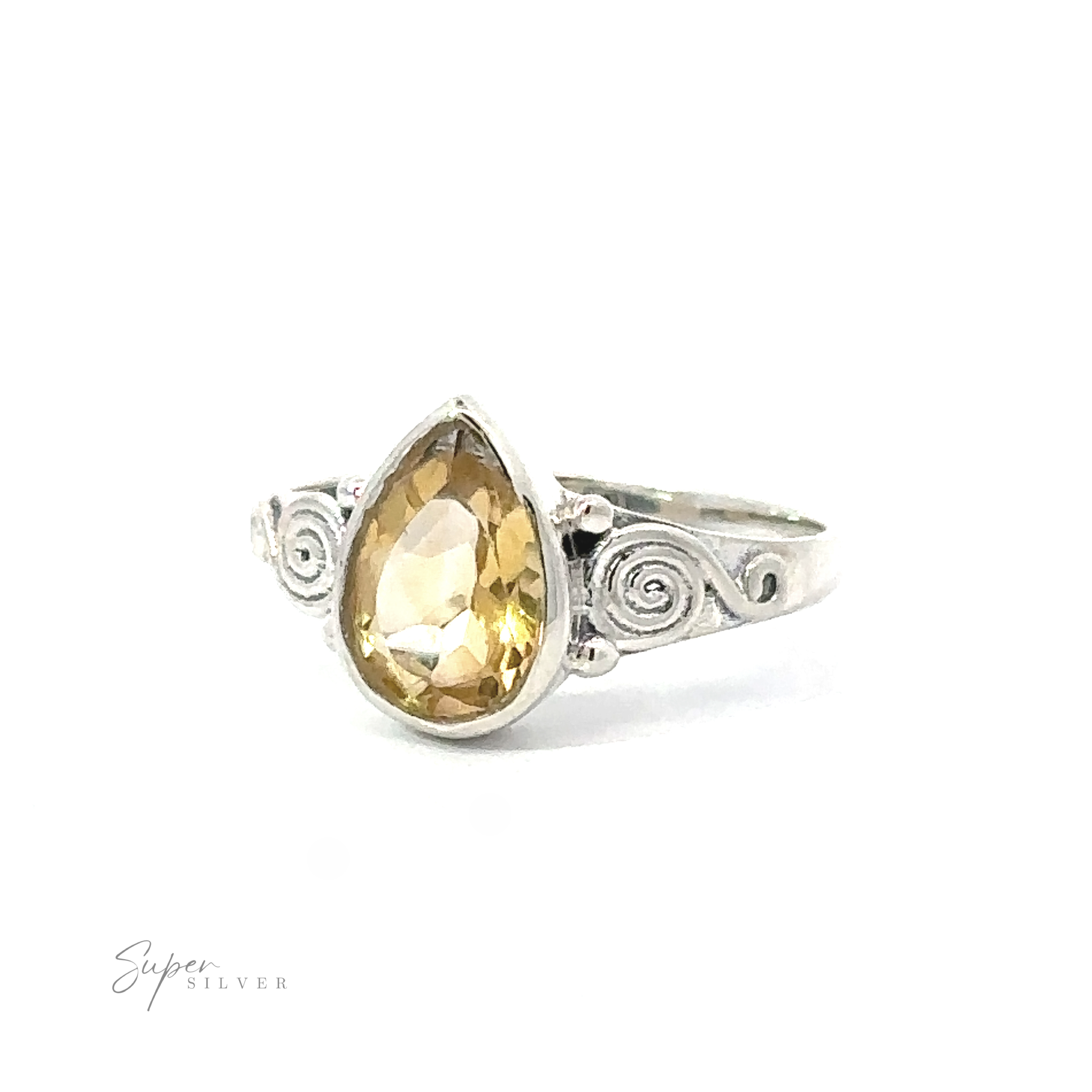 Teardrop Gemstone Ring With Swirls displayed on a white background.