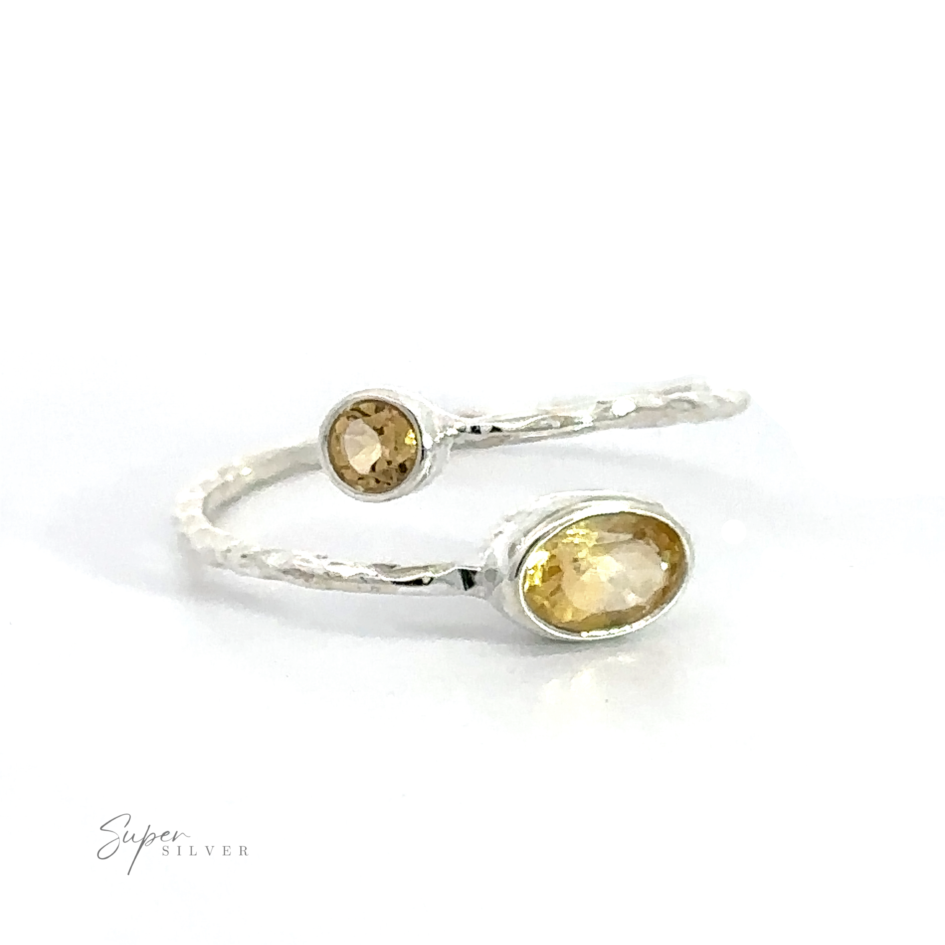 .925 Sterling Silver Textured Adjustable Band with Adorned Gemstones on white background.