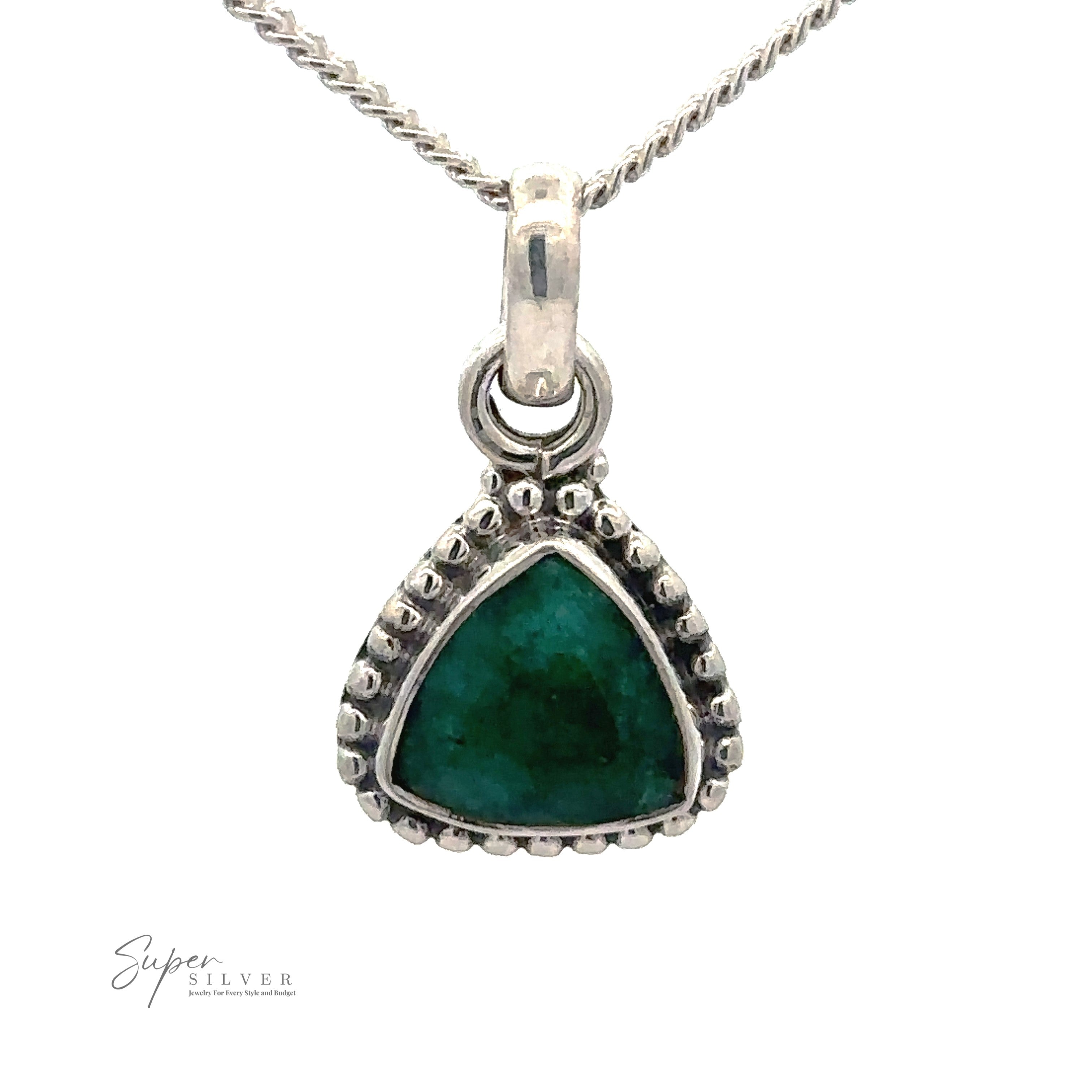 A Beautiful Triangular Shape Stone Pendant With Beaded Design featuring a triangular green gemstone pendant with a decorative beaded design border.