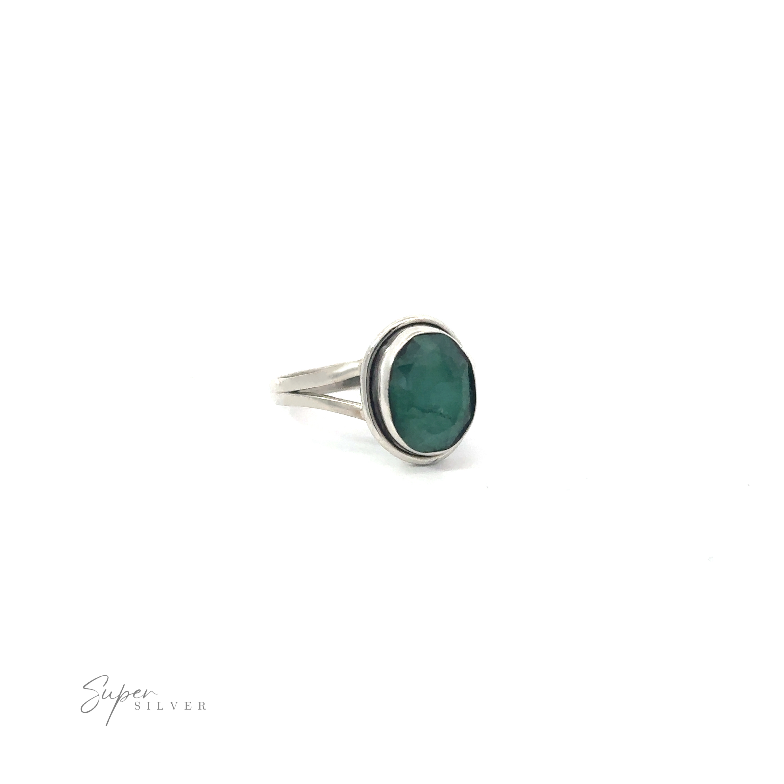Oval Split Shank Stone Ring with an emerald moonstone on a white background.